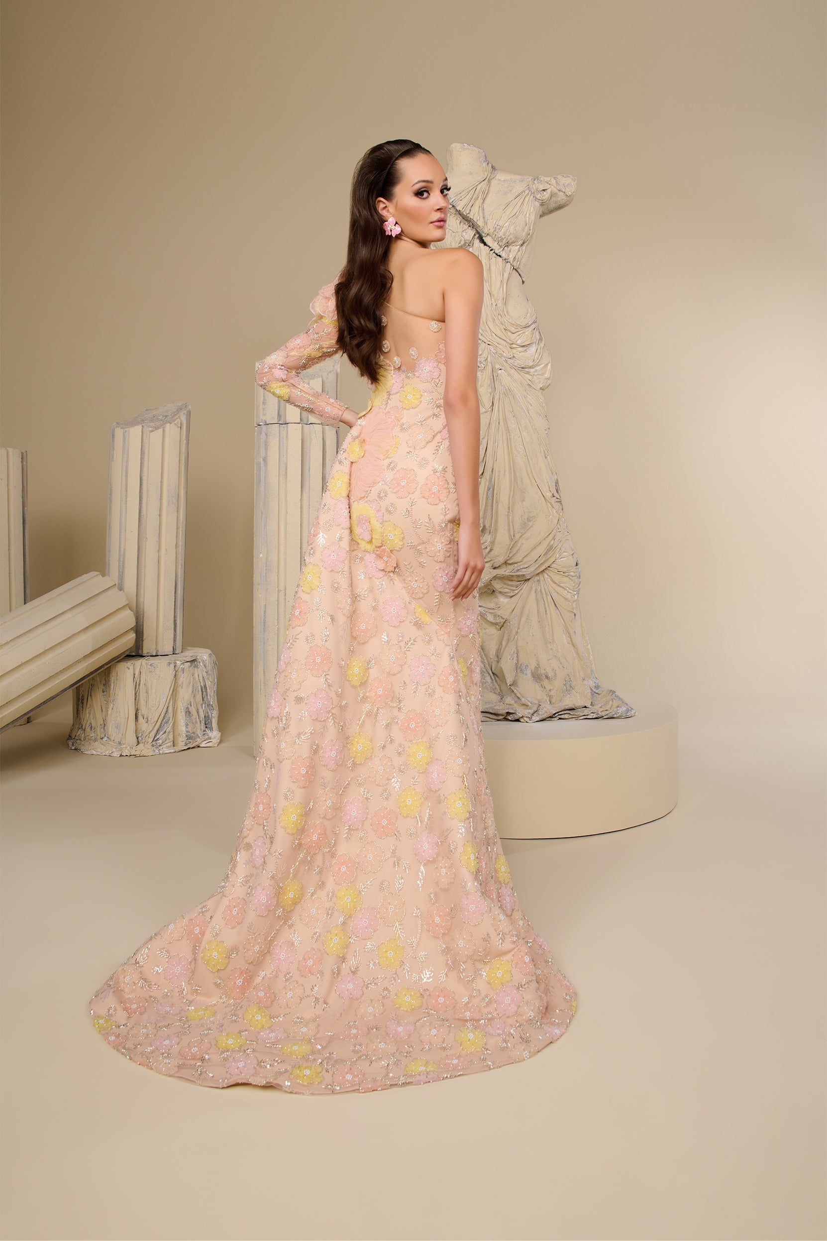 Fouad Sarkis F02966 Pink Blush One-Shoulder Floral Appliqué Tulle Gown with Crystal Beading