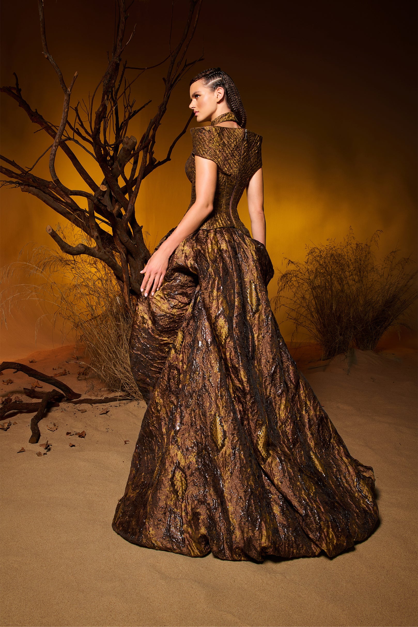 Fouad Sarkis F02971 Brown Bronze Gold Metallic Jacquard Ball Gown with Corseted Bodice & Choker Neckline