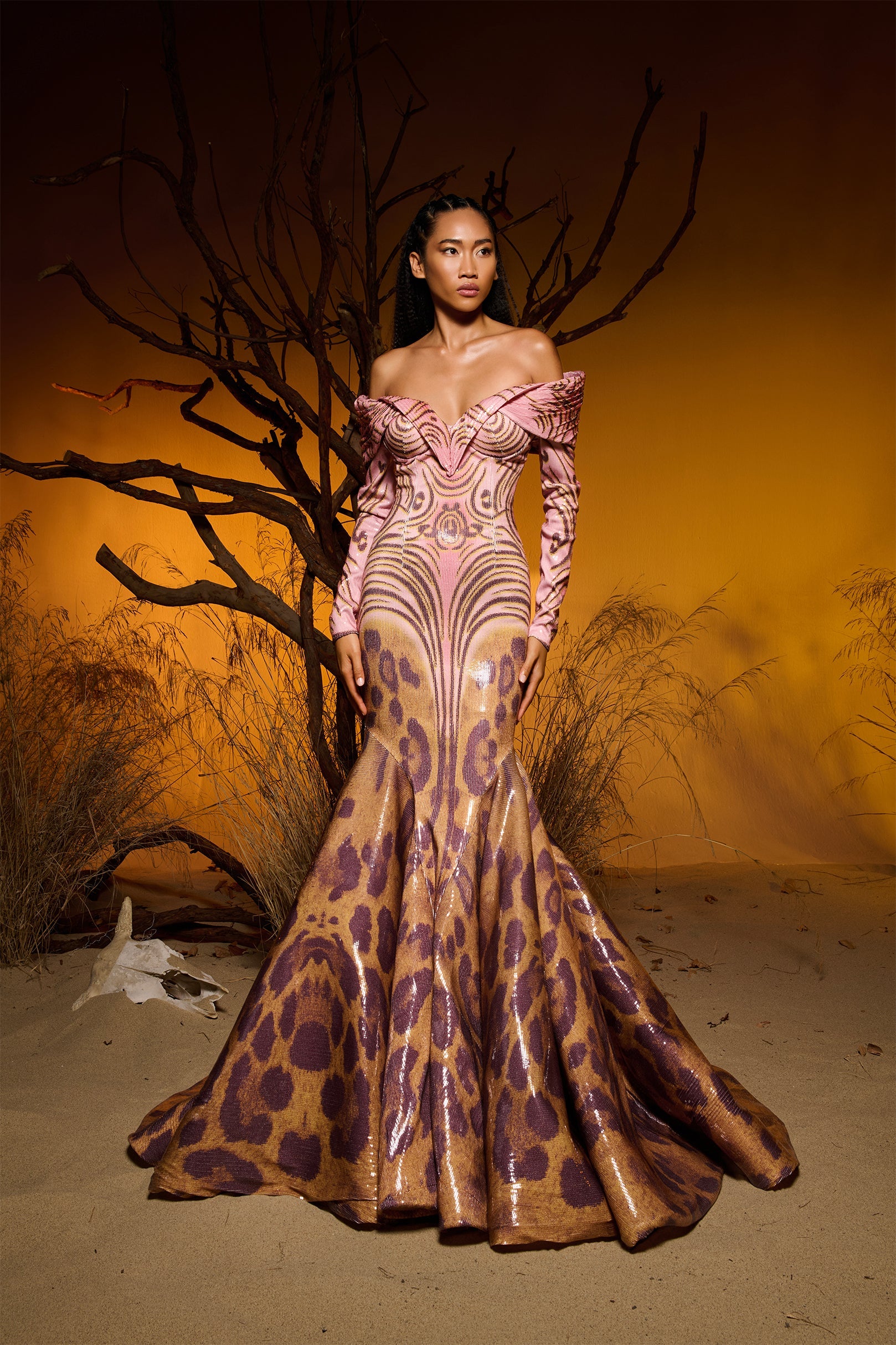 Fouad Sarkis F02973 Pink Gold Leopard Sequin Mermaid Gown with Off-Shoulder Sweetheart Neckline