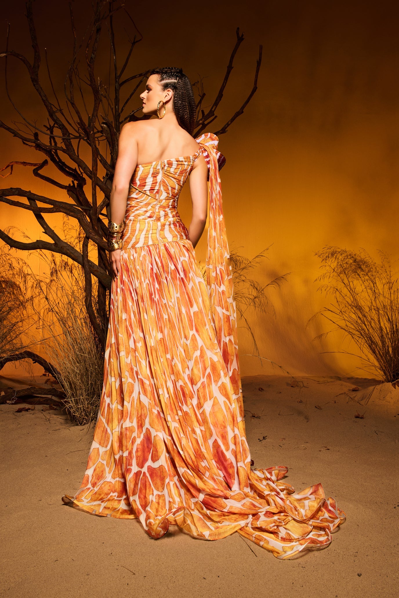 Fouad Sarkis F02974 One-Shoulder Printed Maxi Cape Dress