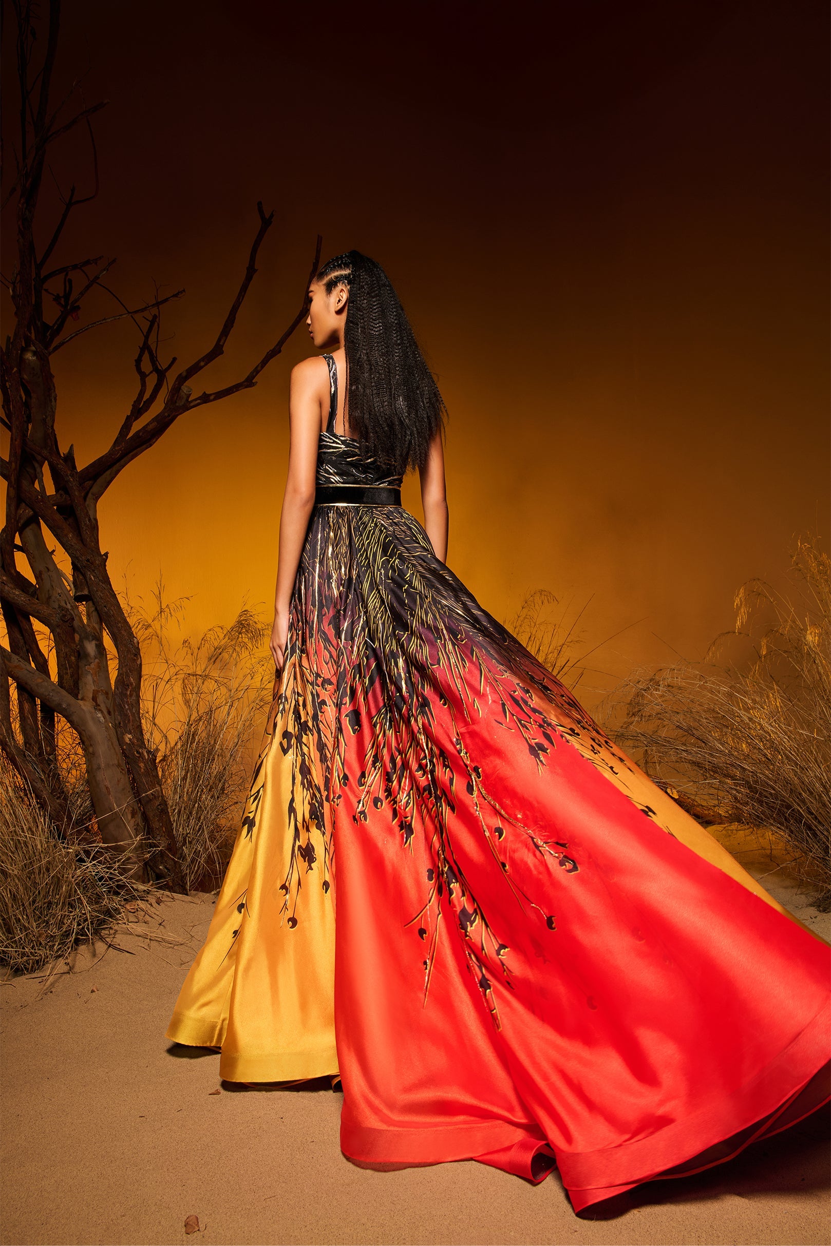 Fouad Sarkis F02978 Gradient Satin Gown Orange Gold