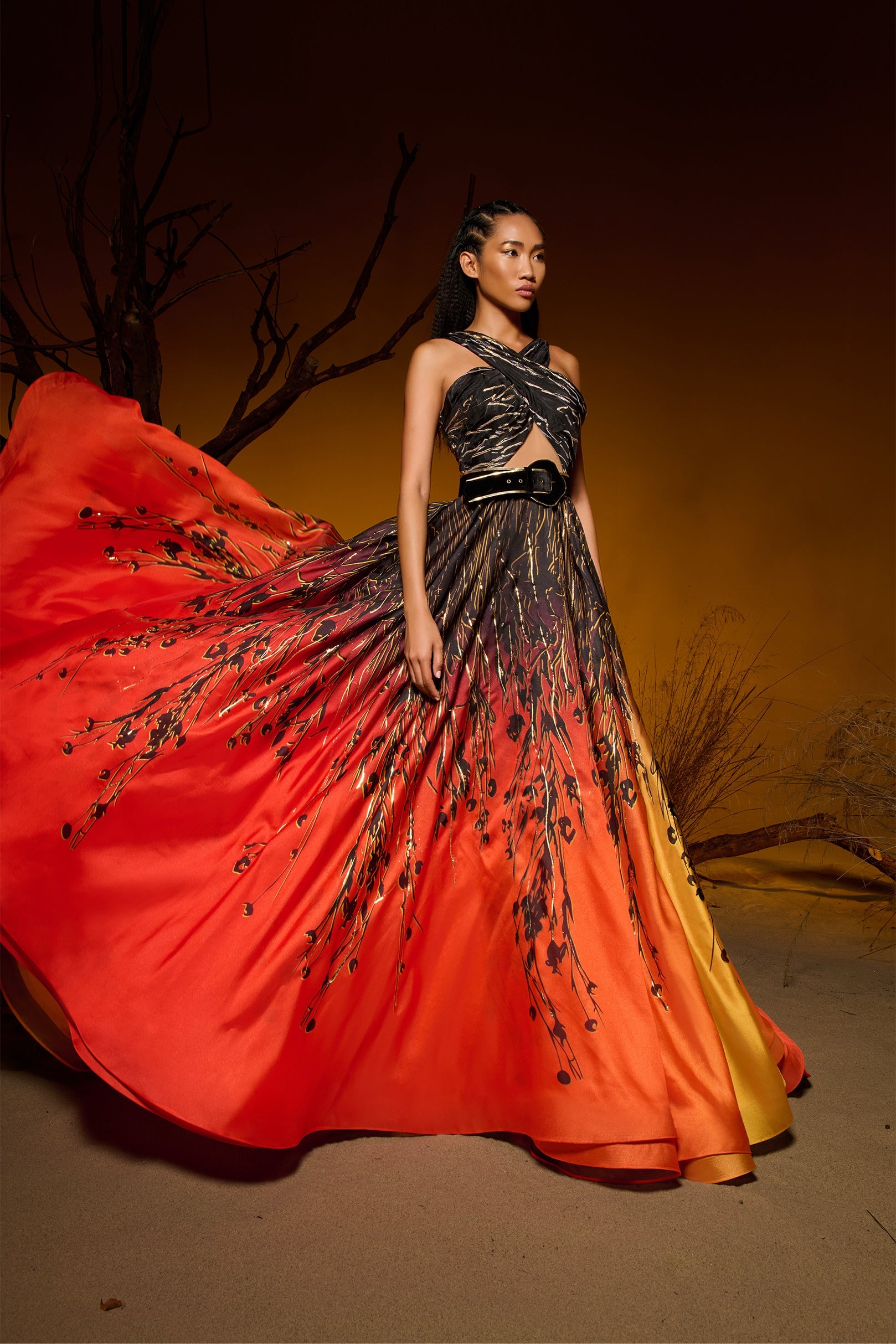 Fouad Sarkis F02978 Gradient Satin Gown Orange Gold