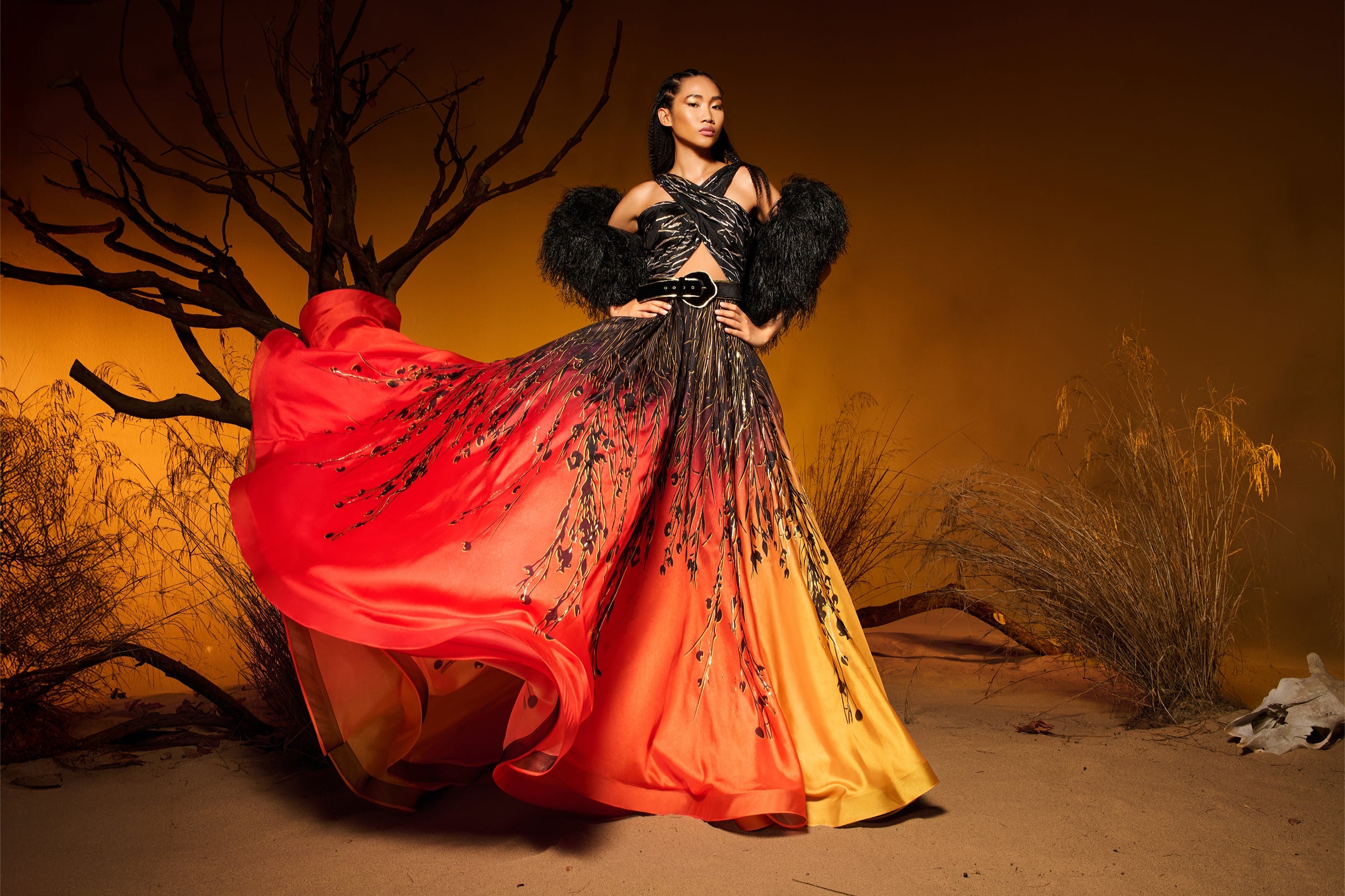 Fouad Sarkis F02978 Gradient Satin Gown Orange Gold