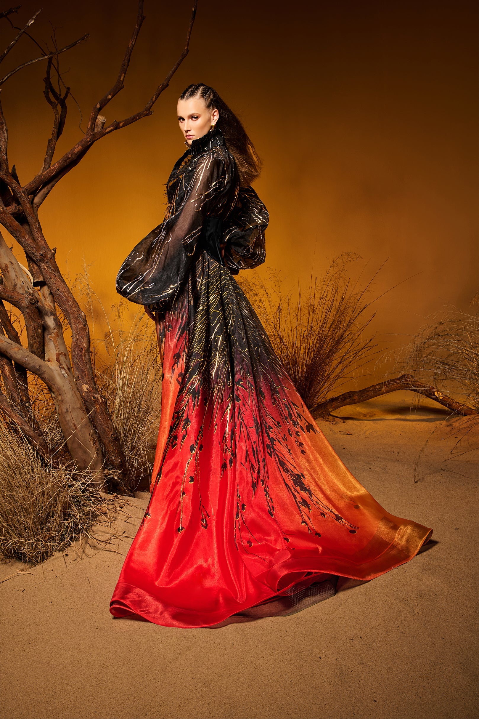Fouad Sarkis F02979 Hand-Painted Satin Bishop Sleeve Gown with Corset Waist