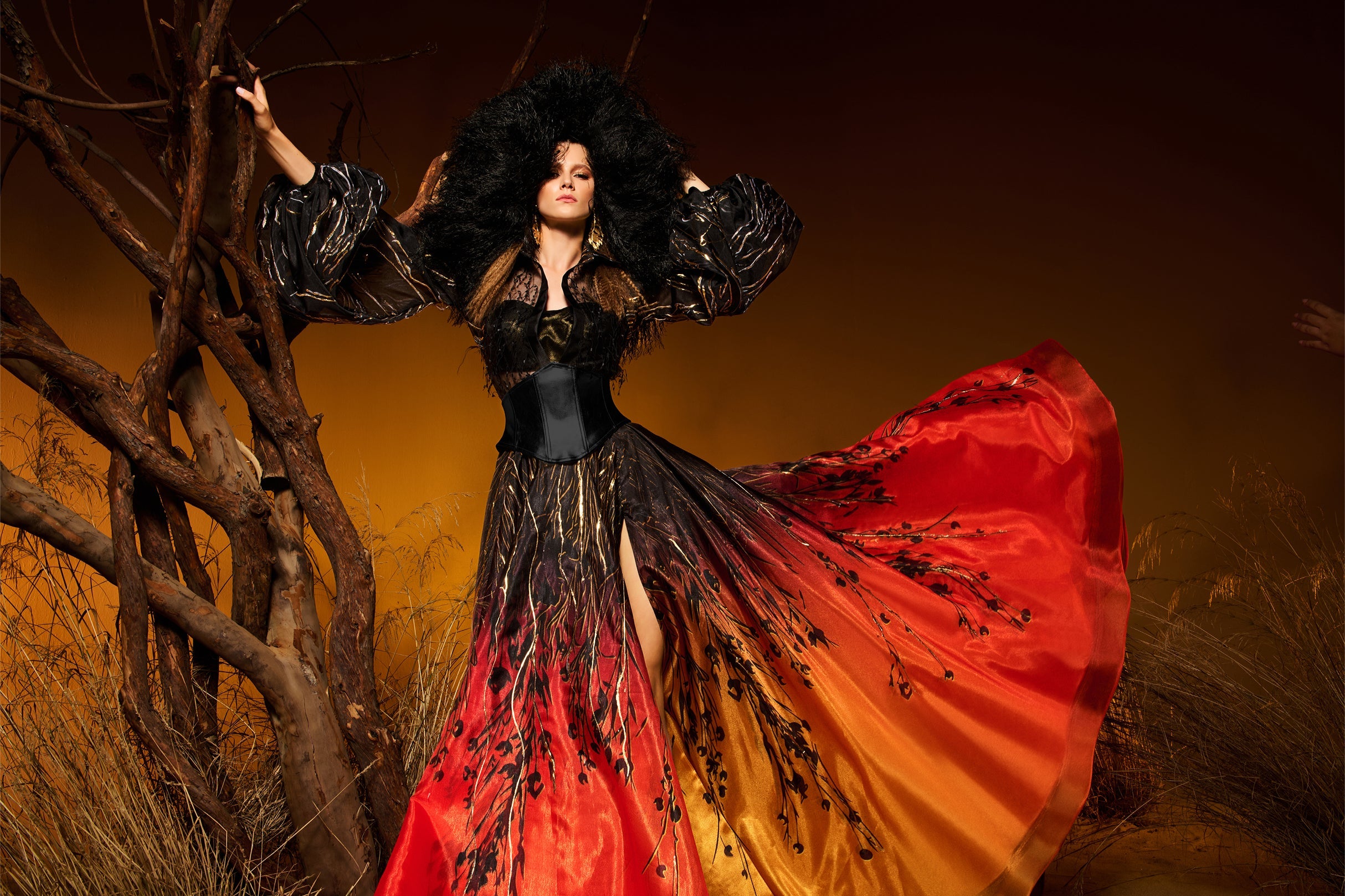 Fouad Sarkis F02979 Hand-Painted Satin Bishop Sleeve Gown with Corset Waist
