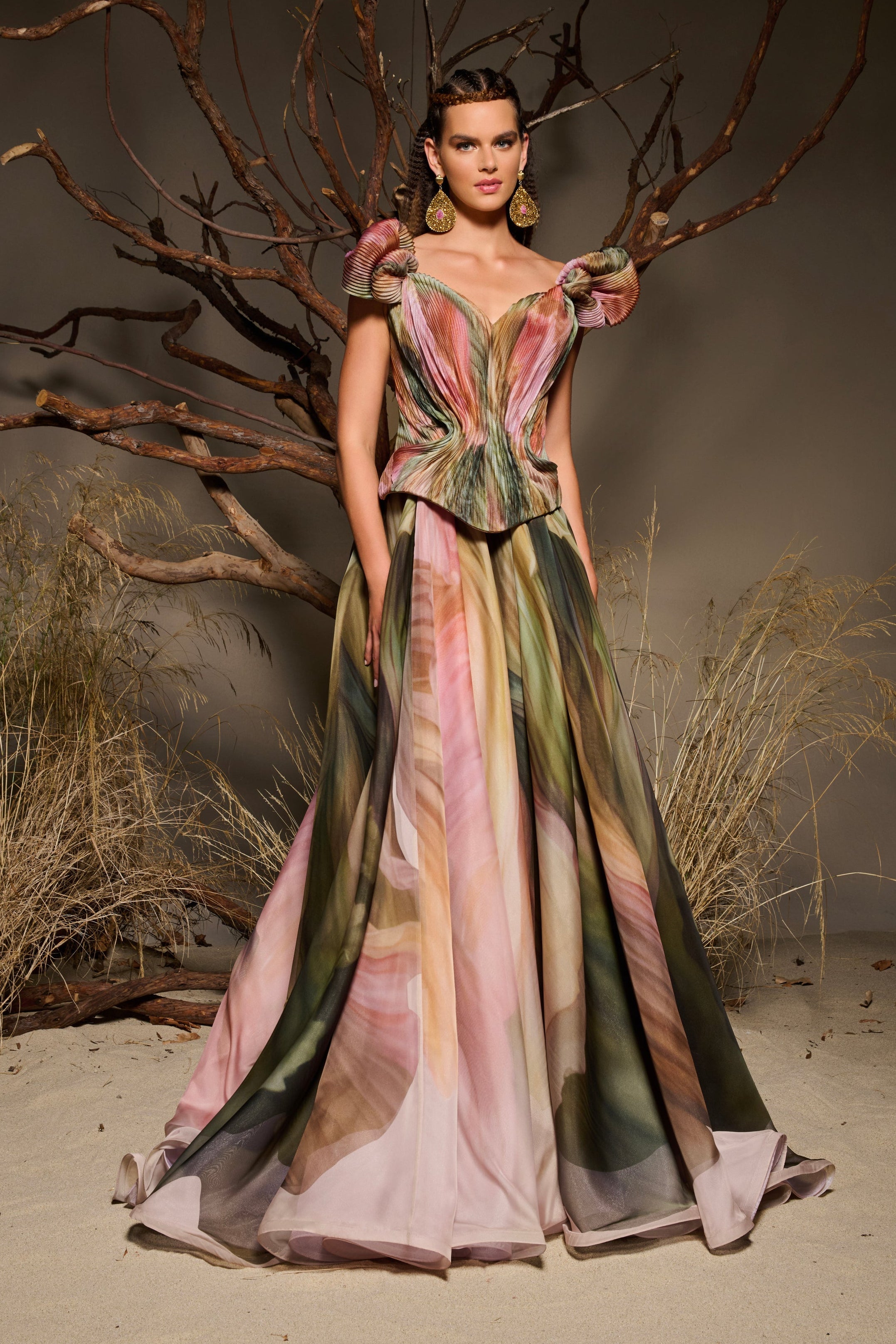 Fouad Sarkis F02981 Pastel Flower-Printed Chiffon Gown with Watercolor Effect