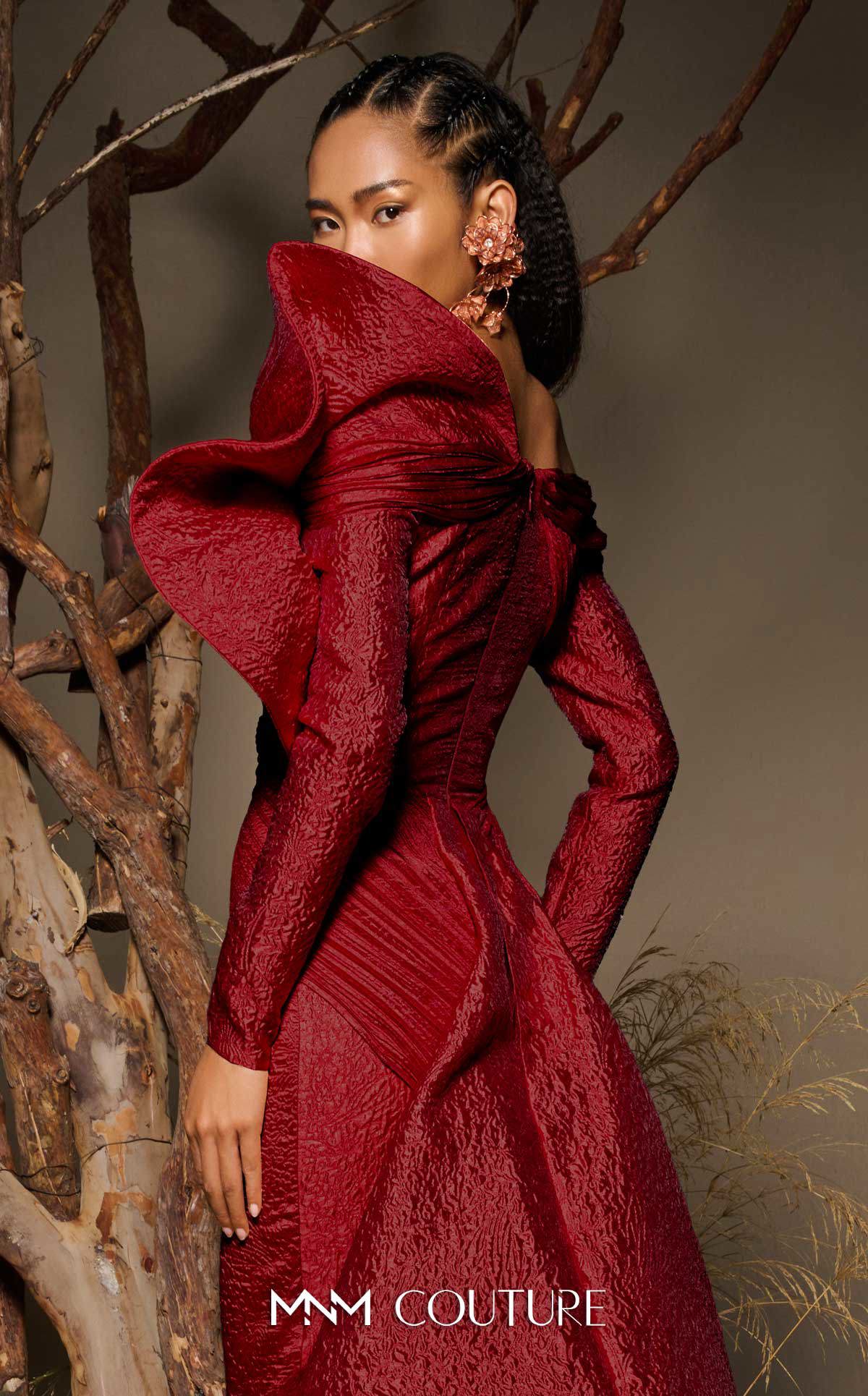 Fouad Sarkis F02982 Jacquard Off-Shoulder Gown with Pleated Draped Bodice
