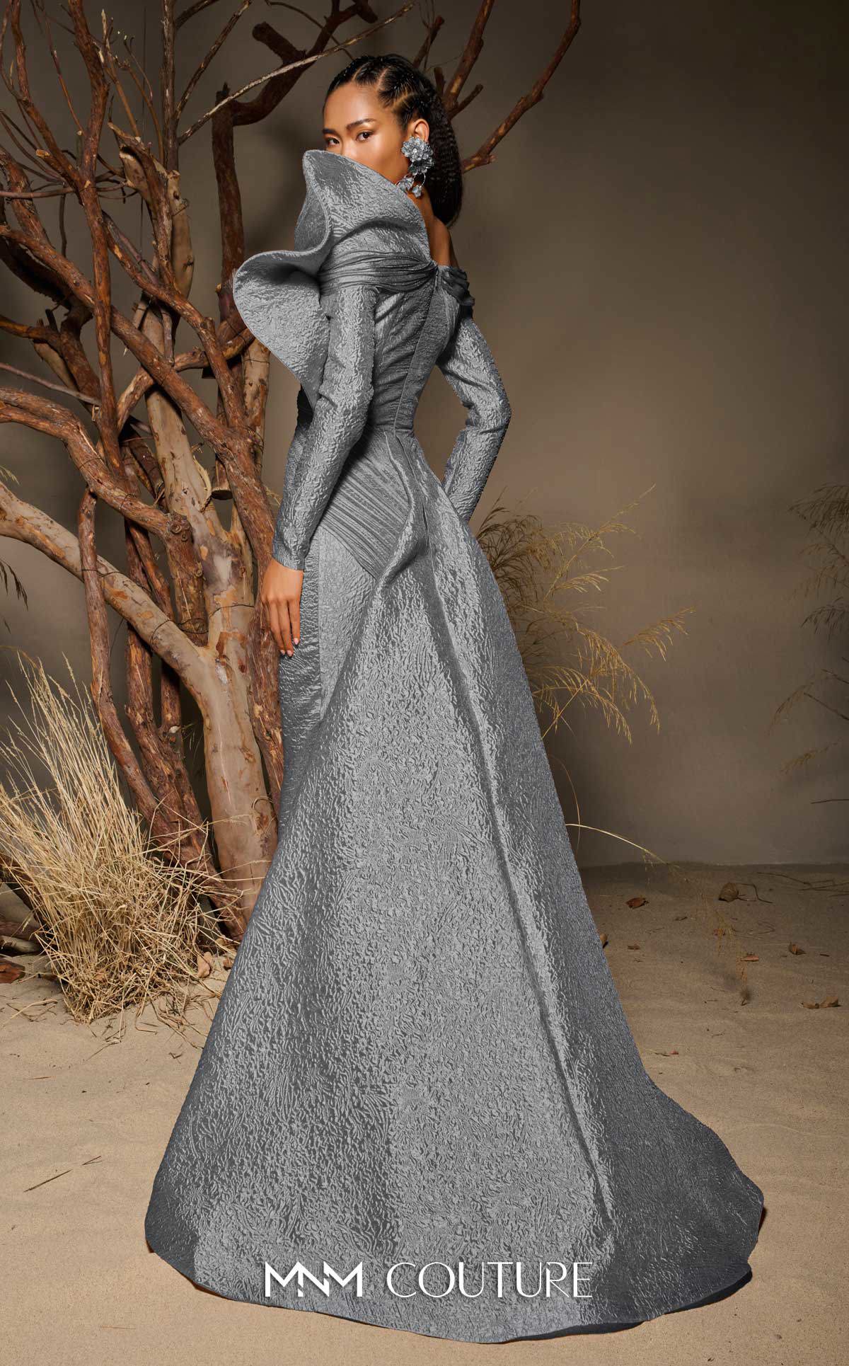 Fouad Sarkis F02982 Jacquard Off-Shoulder Gown with Pleated Draped Bodice