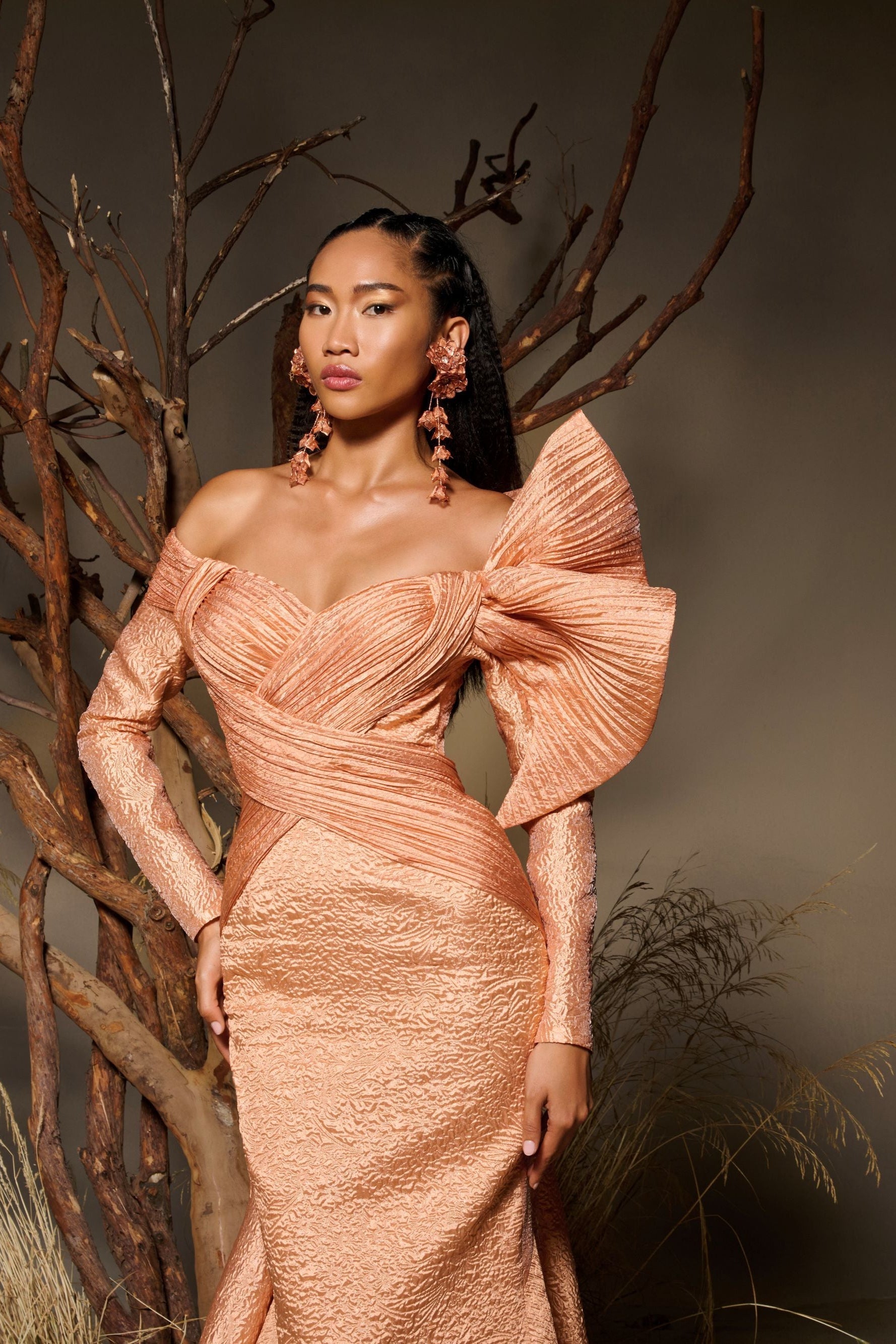 Fouad Sarkis F02982 Jacquard Off-Shoulder Gown with Pleated Draped Bodice