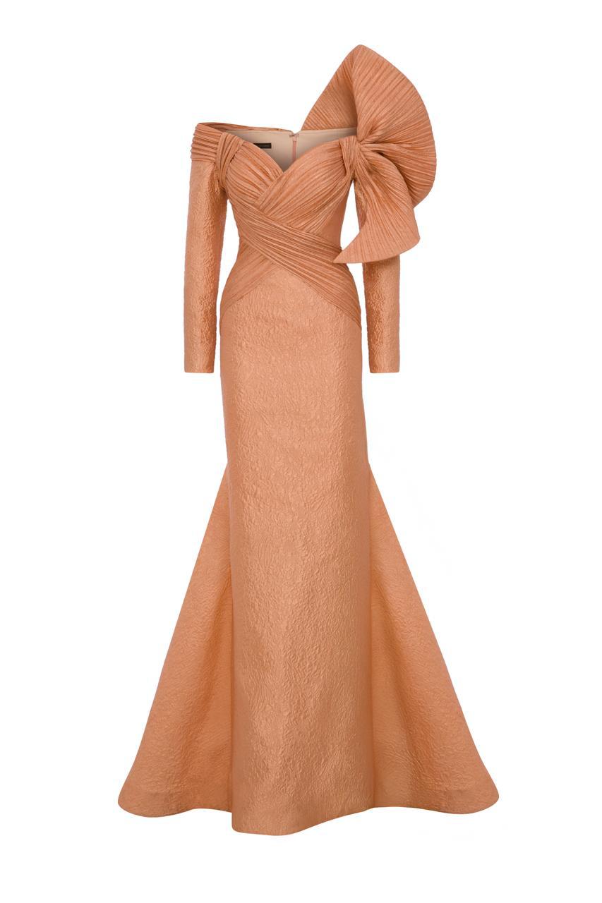 Fouad Sarkis F02982 Jacquard Off-Shoulder Gown with Pleated Draped Bodice