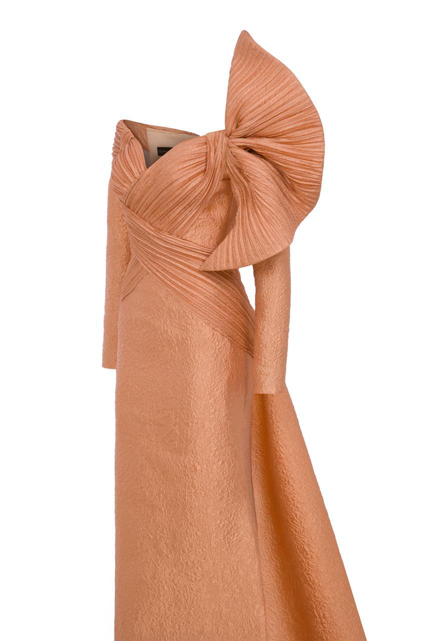 Fouad Sarkis F02982 Jacquard Off-Shoulder Gown with Pleated Draped Bodice