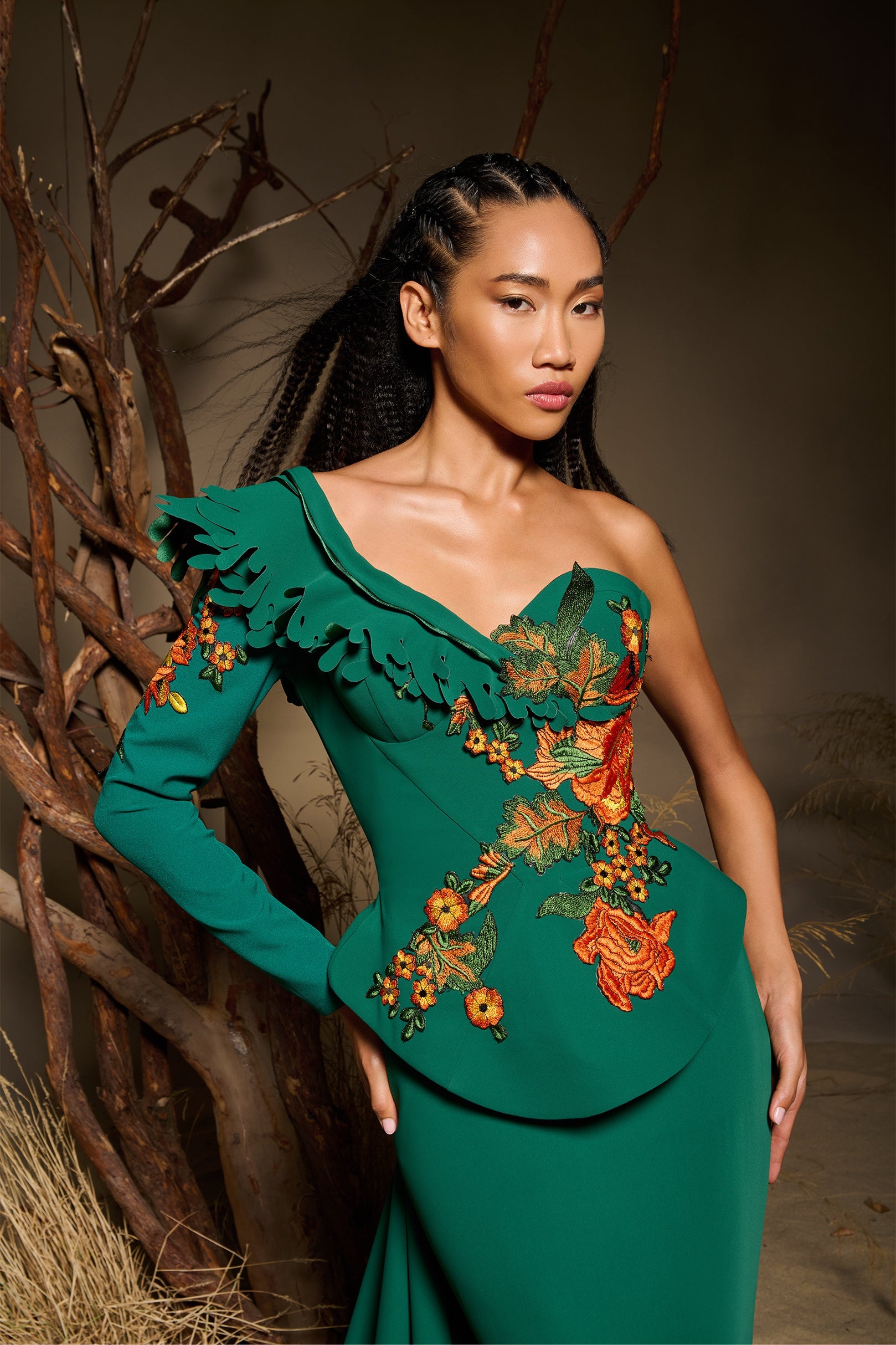 Fouad Sarkis F02985 Emerald Green Floral Embroidered Gown