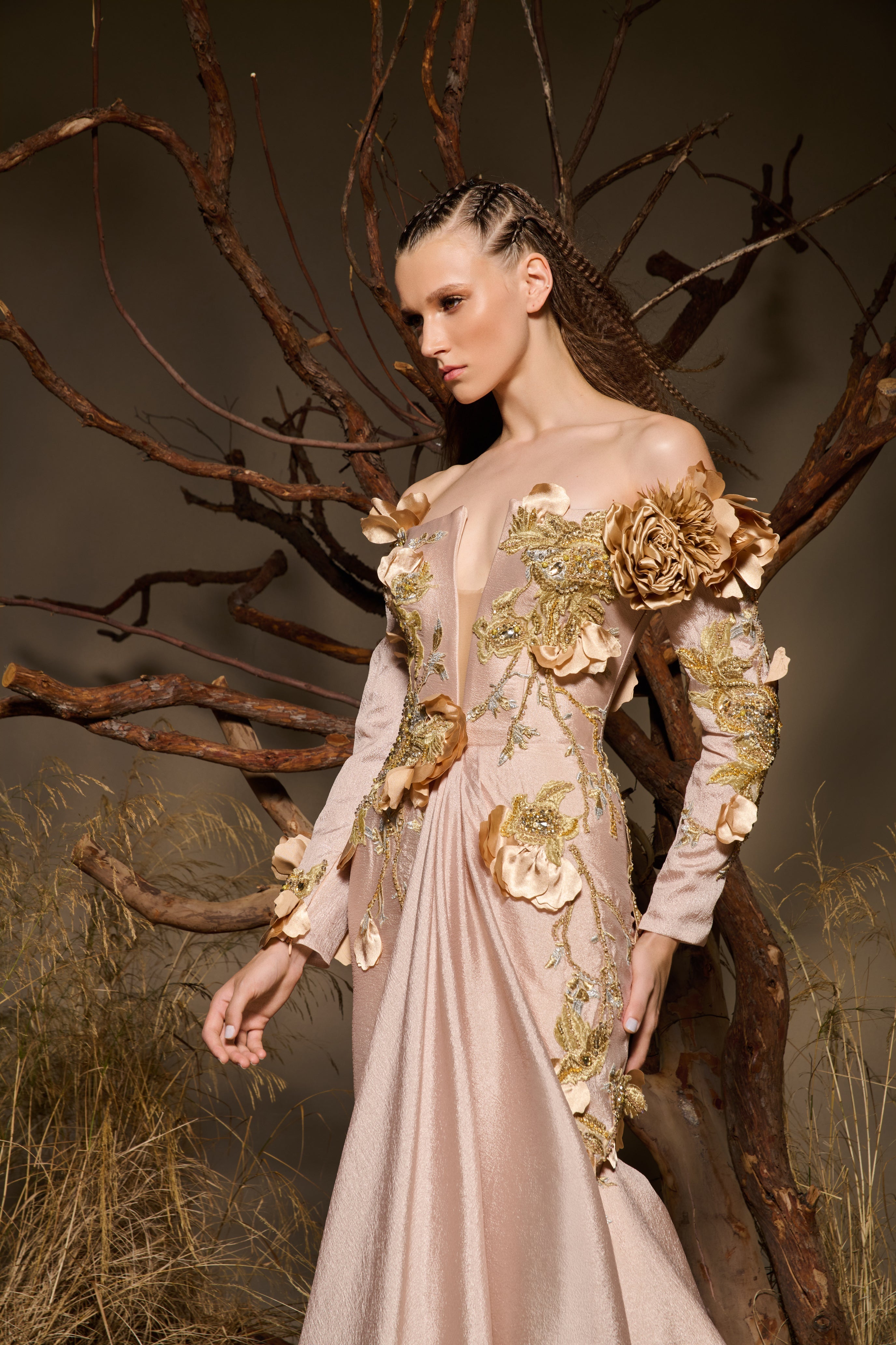 Fouad Sarkis F02986 Jacquard Illusion Corset Floral Gown