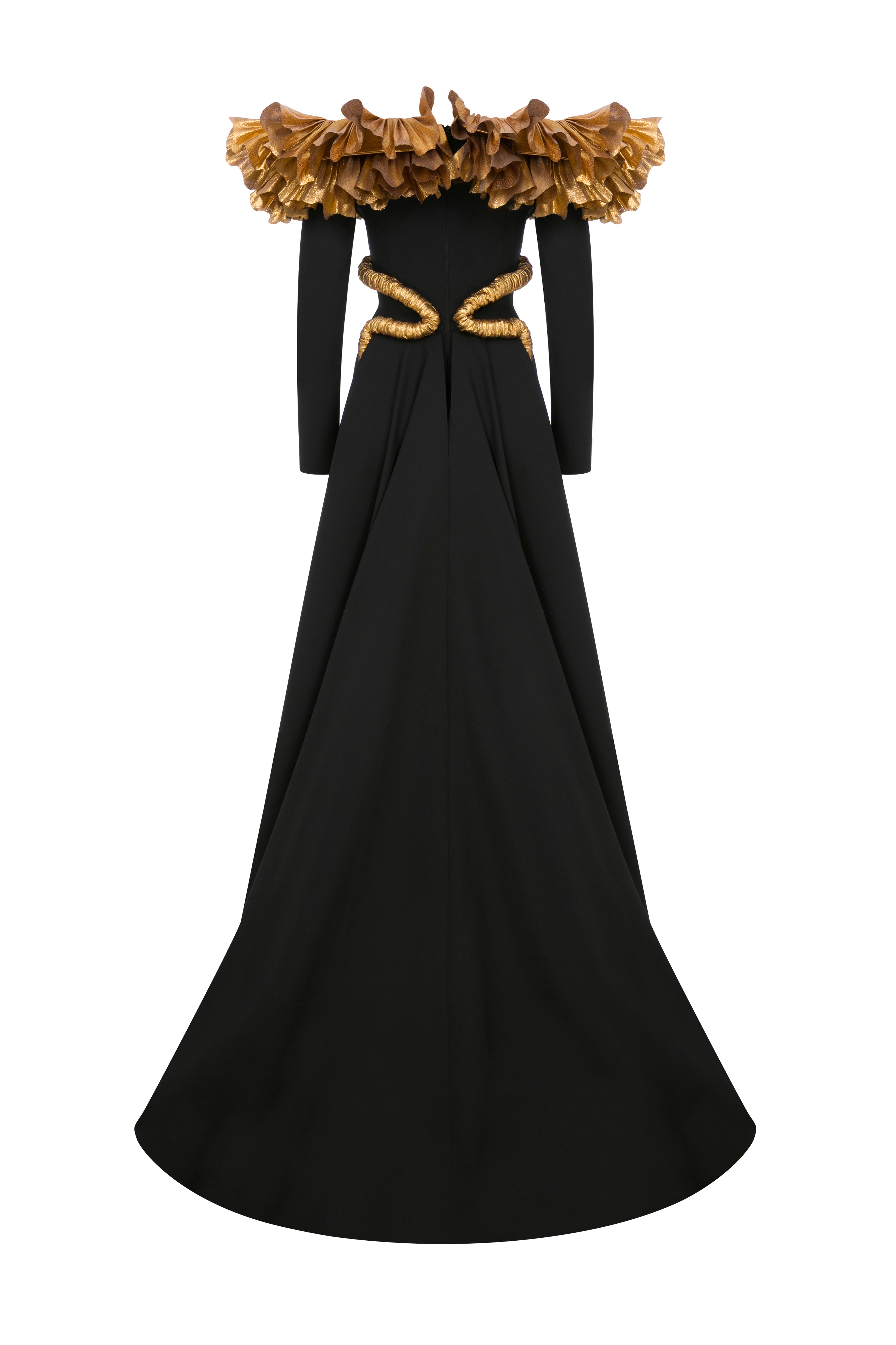 Fouad Sarkis F02989 Black Crepe Gold Ruffle Gown