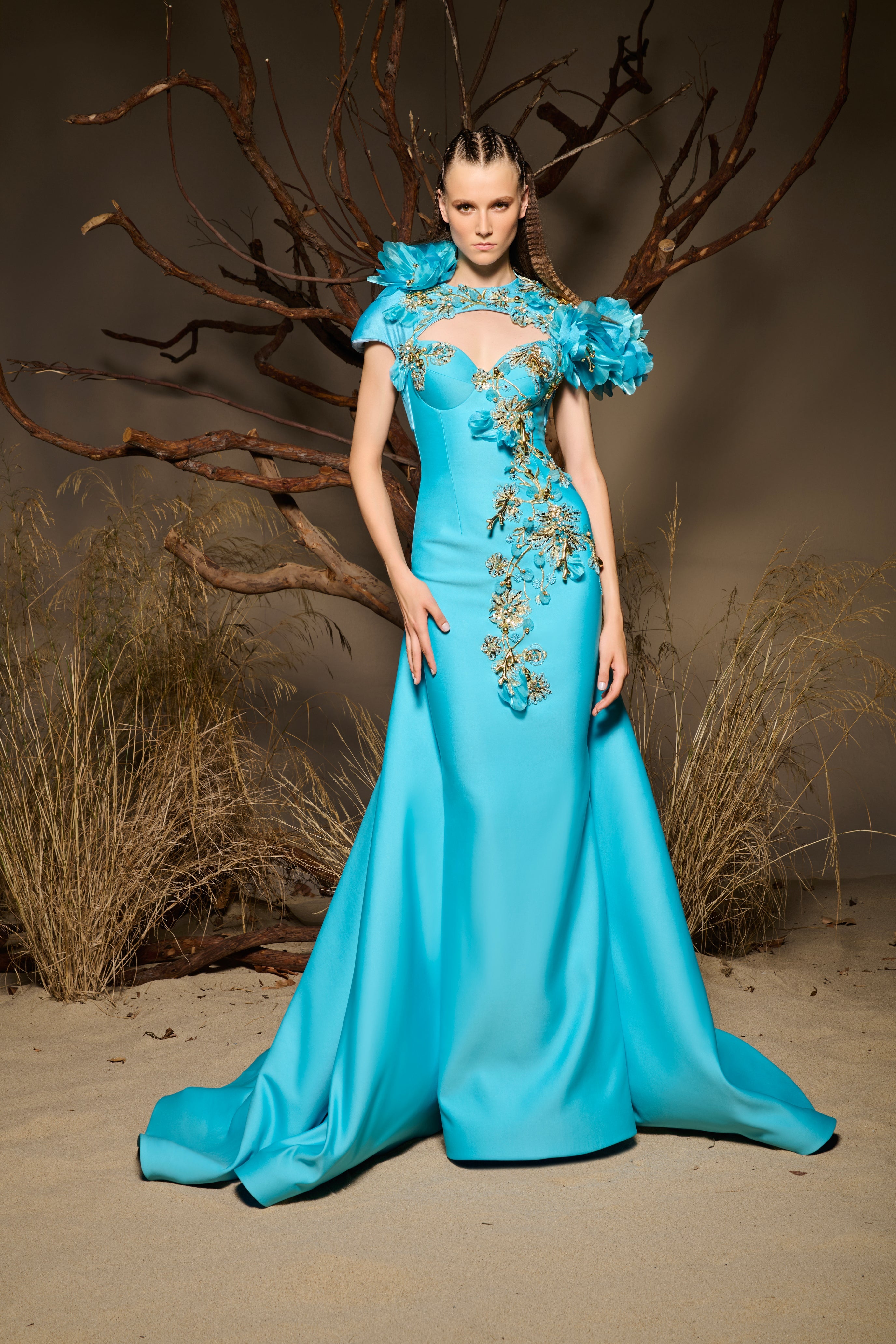 Fouad Sarkis F02991 Turquoise Floral Illusion Gown