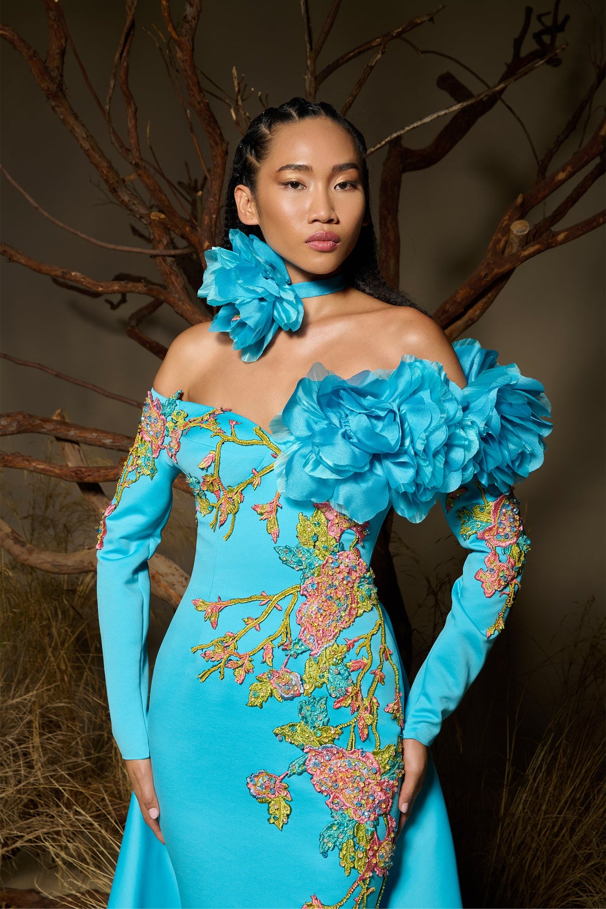 Fouad Sarkis F02992 Turquoise Floral Embroidered Gown