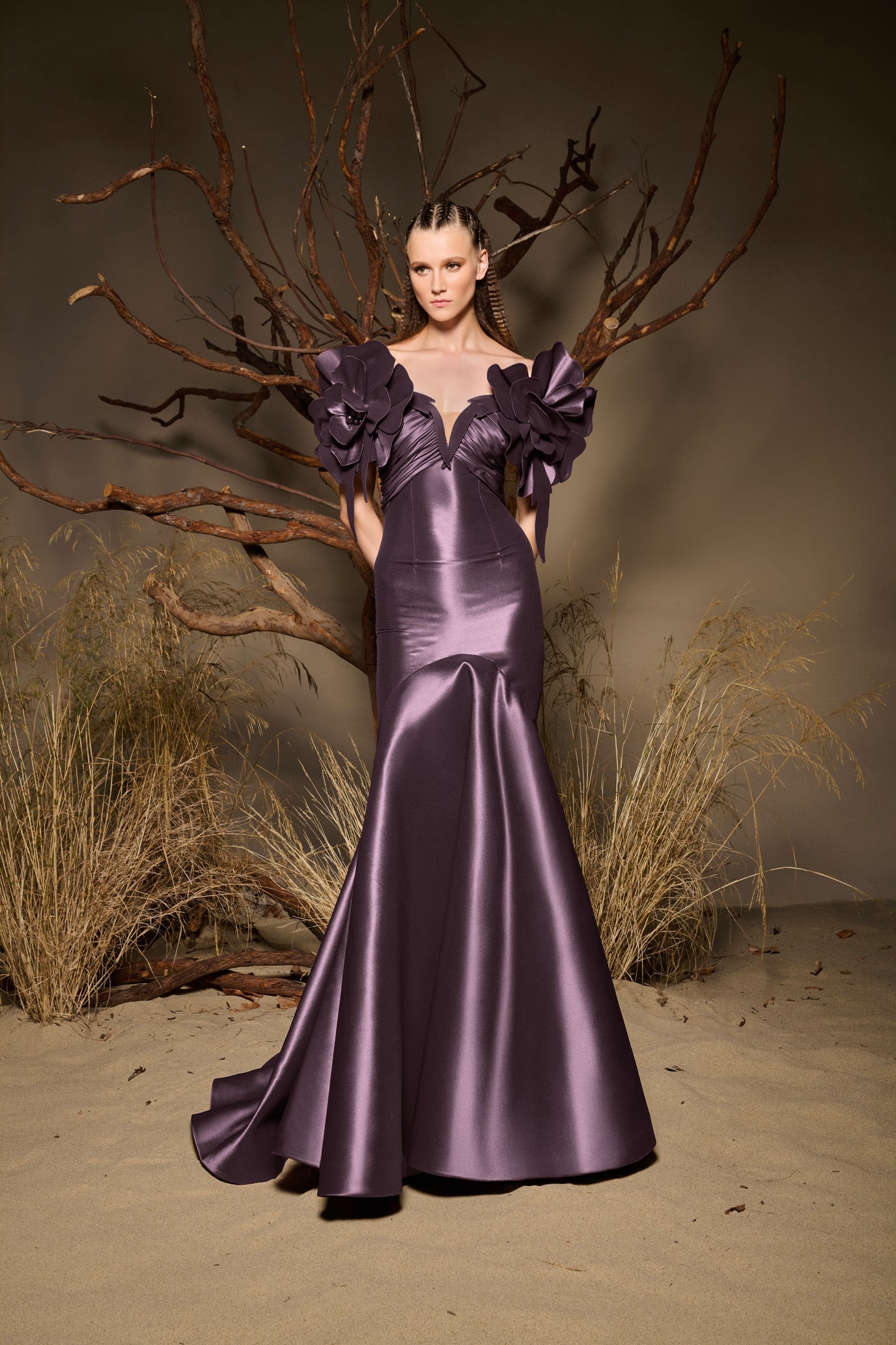 Fouad Sarkis F02993 Bronze Floral Shoulder Mermaid Gown