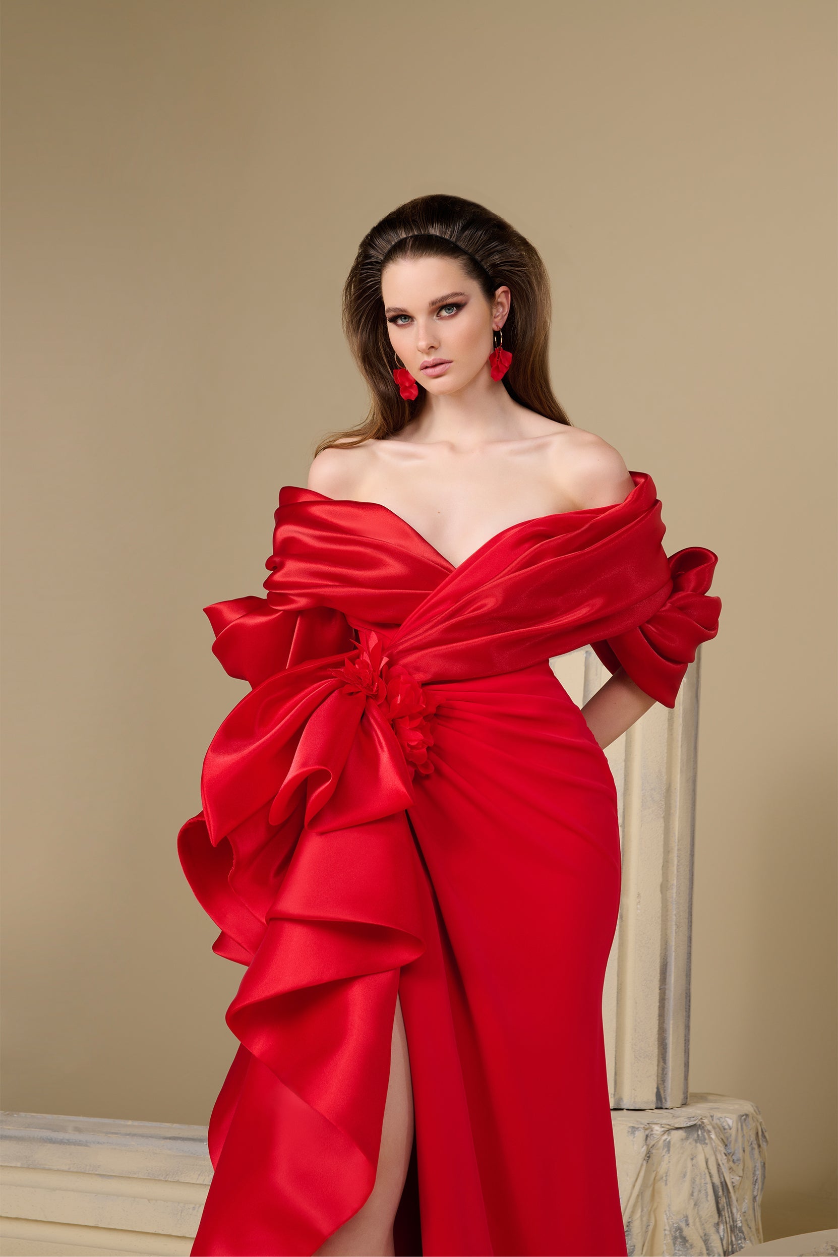 Fouad Sarkis F02999 Crimson Satin Bow Gown High Slit
