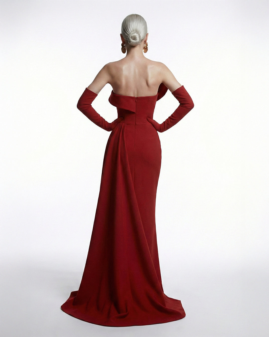 Fouad Sarkis F03003 Red Strapless Architectural Gown