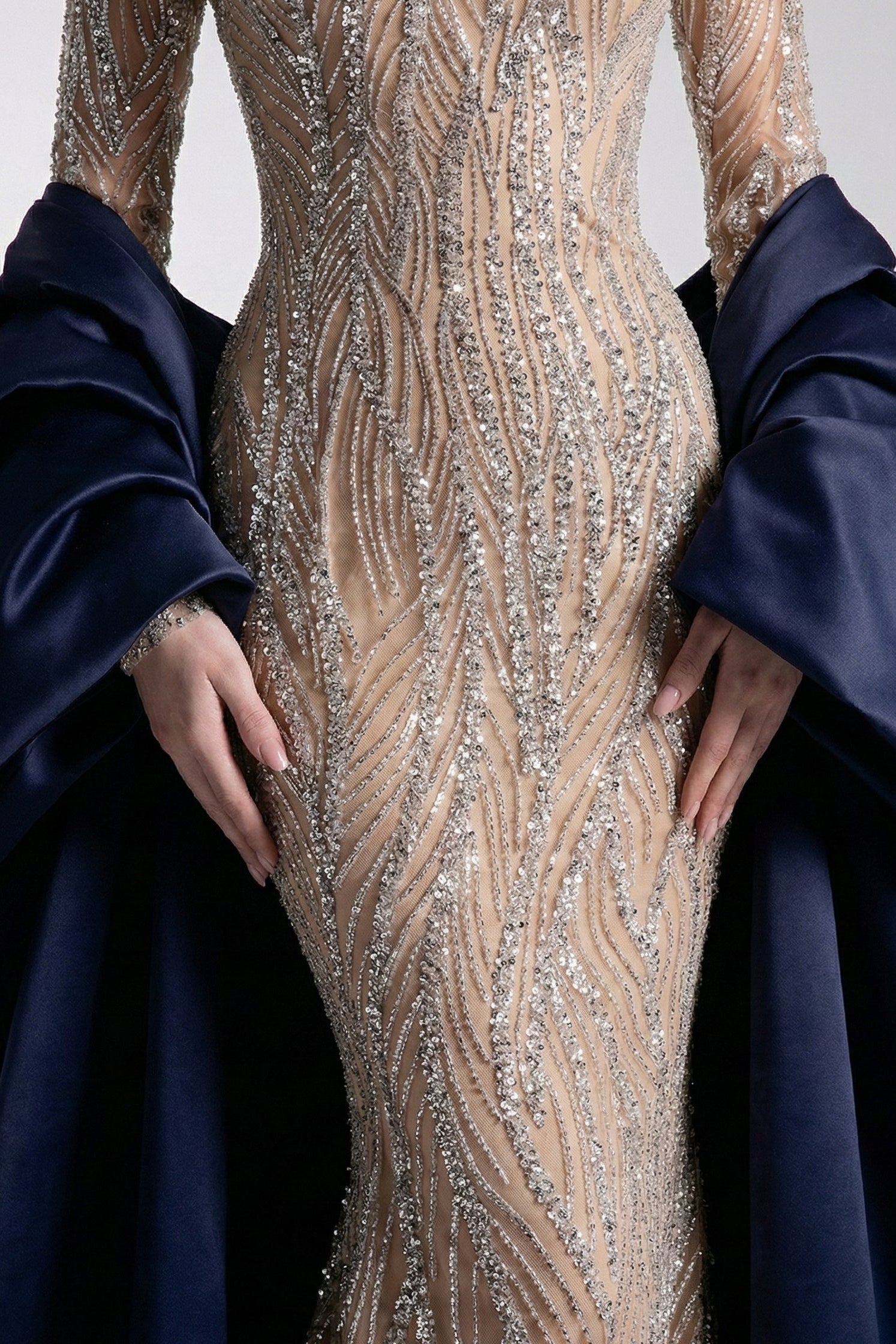 Fouad Sarkis F03004 Navy Blue Satin Embellished Gown