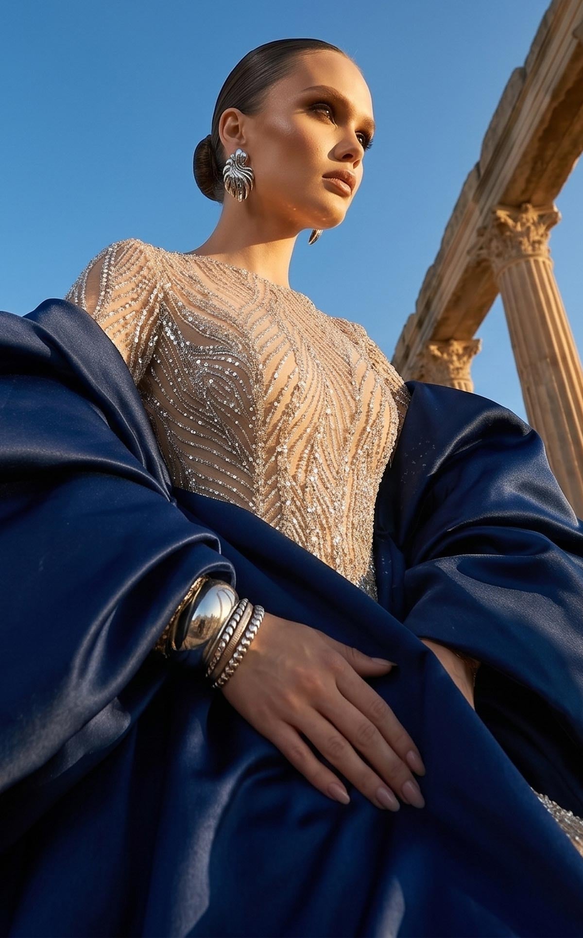 Fouad Sarkis F03004 Navy Blue Satin Embellished Gown