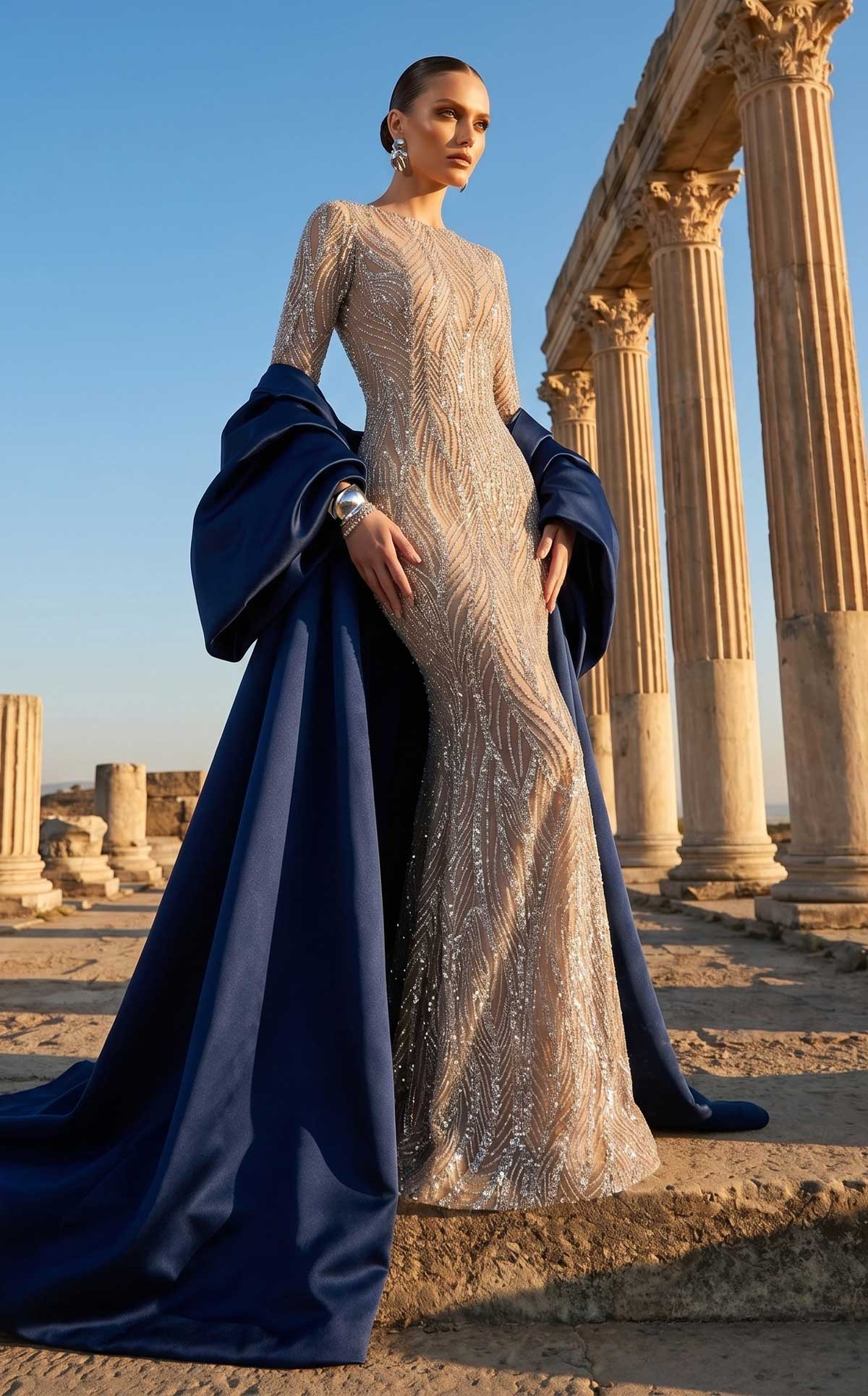 Fouad Sarkis F03004 Navy Blue Satin Embellished Gown