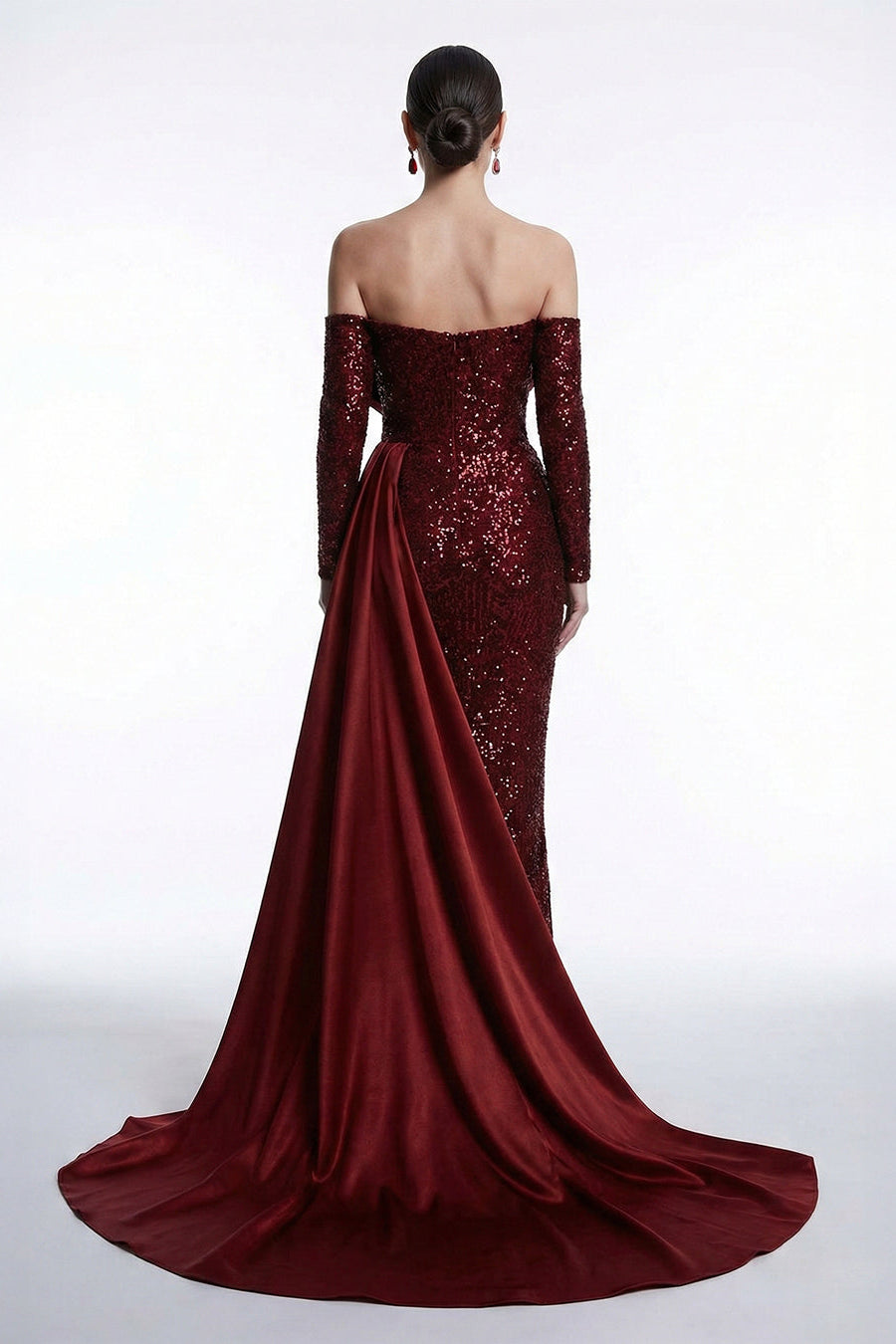 Fouad Sarkis F03005 Burgundy Sequin Ruffle Gown