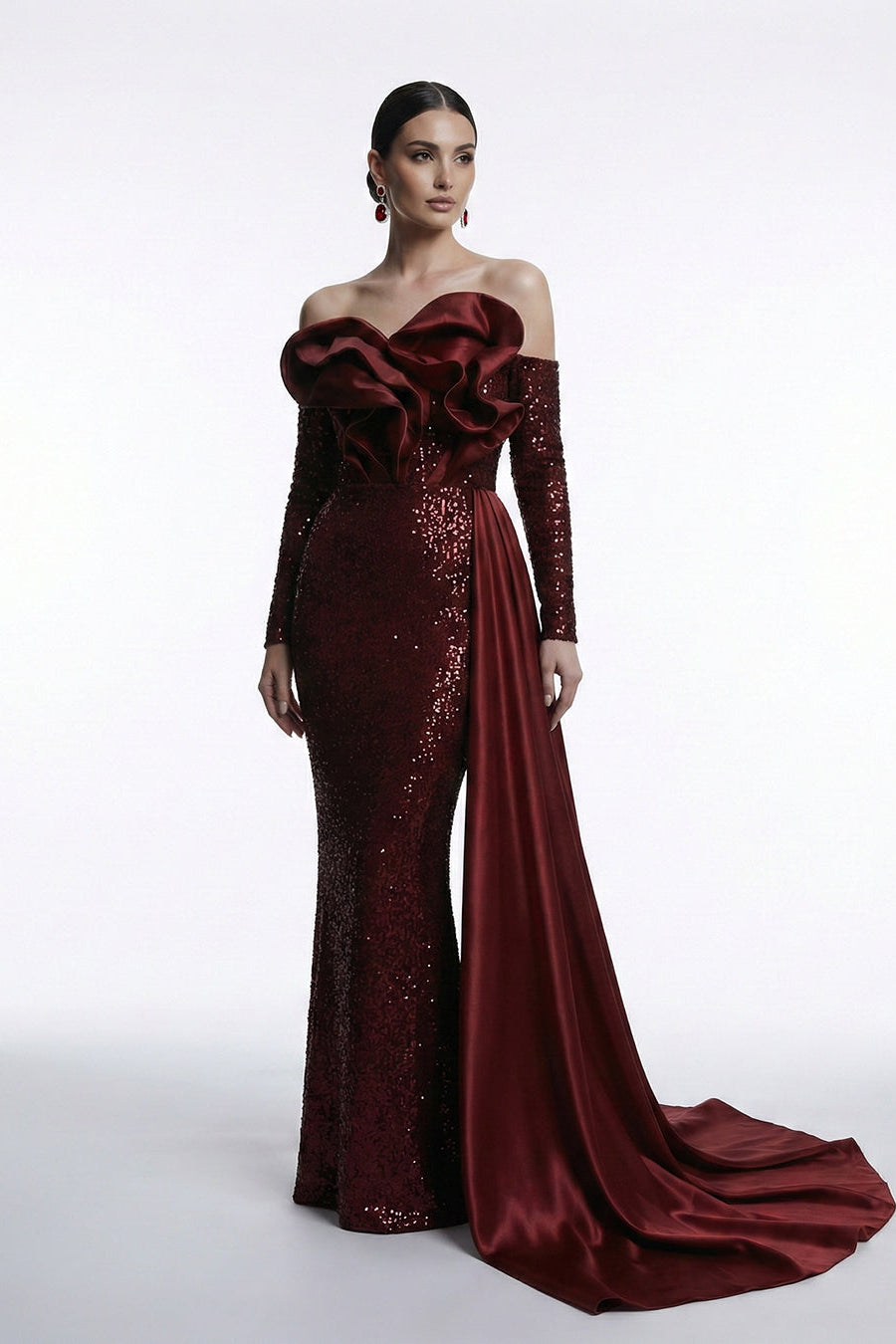 Fouad Sarkis F03005 Burgundy Sequin Ruffle Gown
