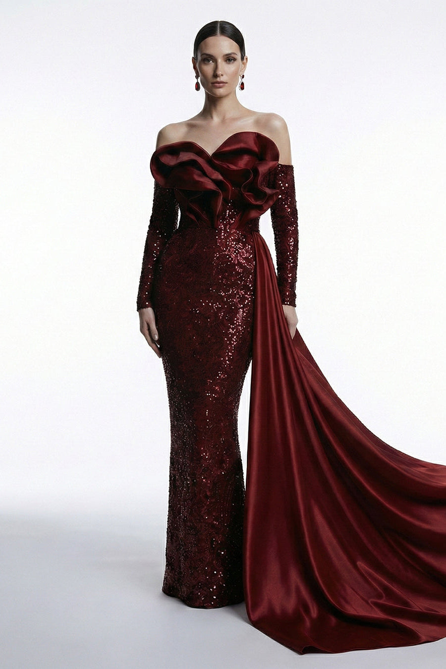 Fouad Sarkis F03005 Burgundy Sequin Ruffle Gown