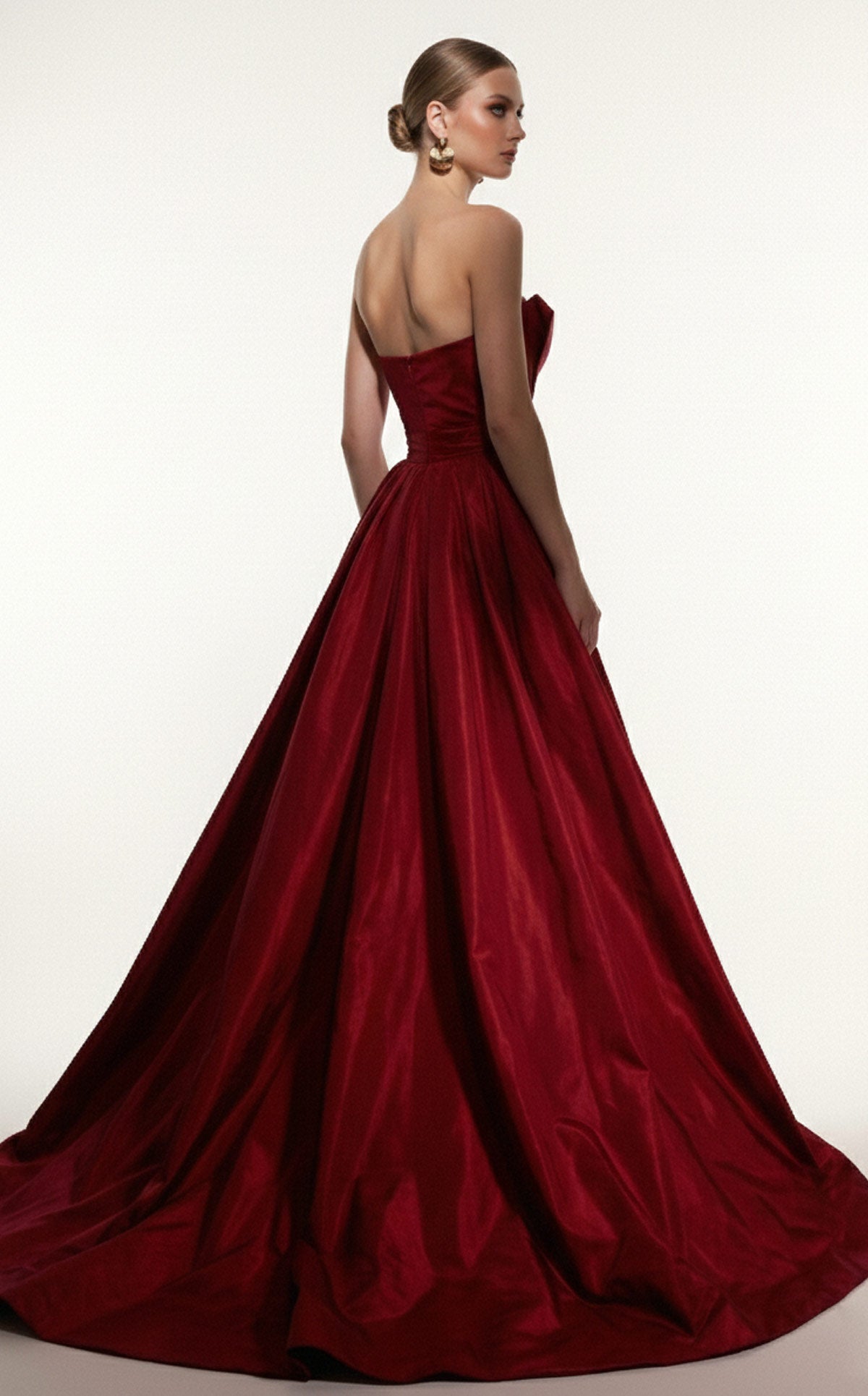 Fouad Sarkis F03006 Burgundy Satin Ball Gown