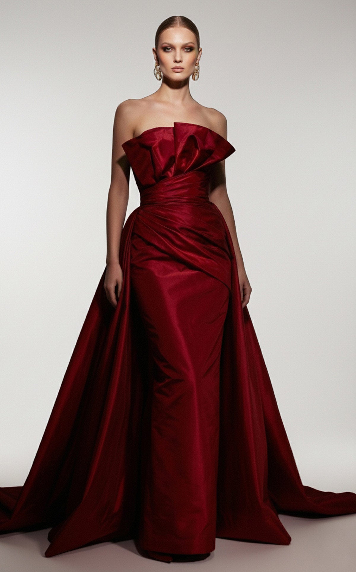 Fouad Sarkis F03006 Burgundy Satin Ball Gown