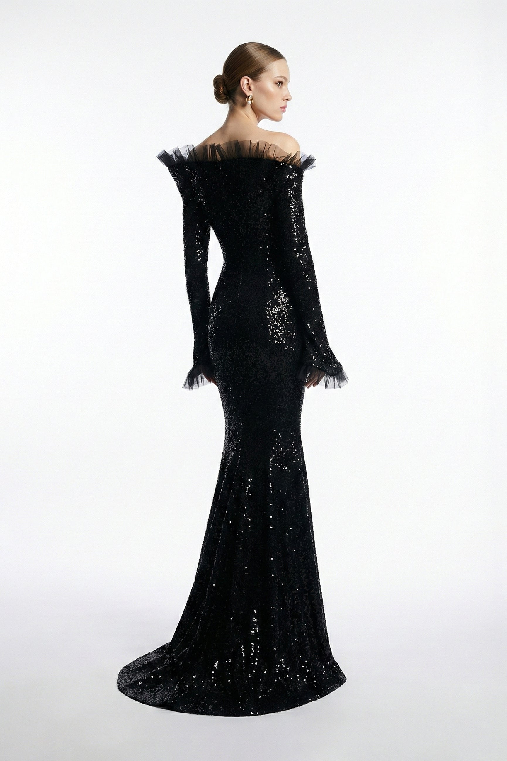 Fouad Sarkis F03014 Sequin Tulle Ruffle Mermaid Gown