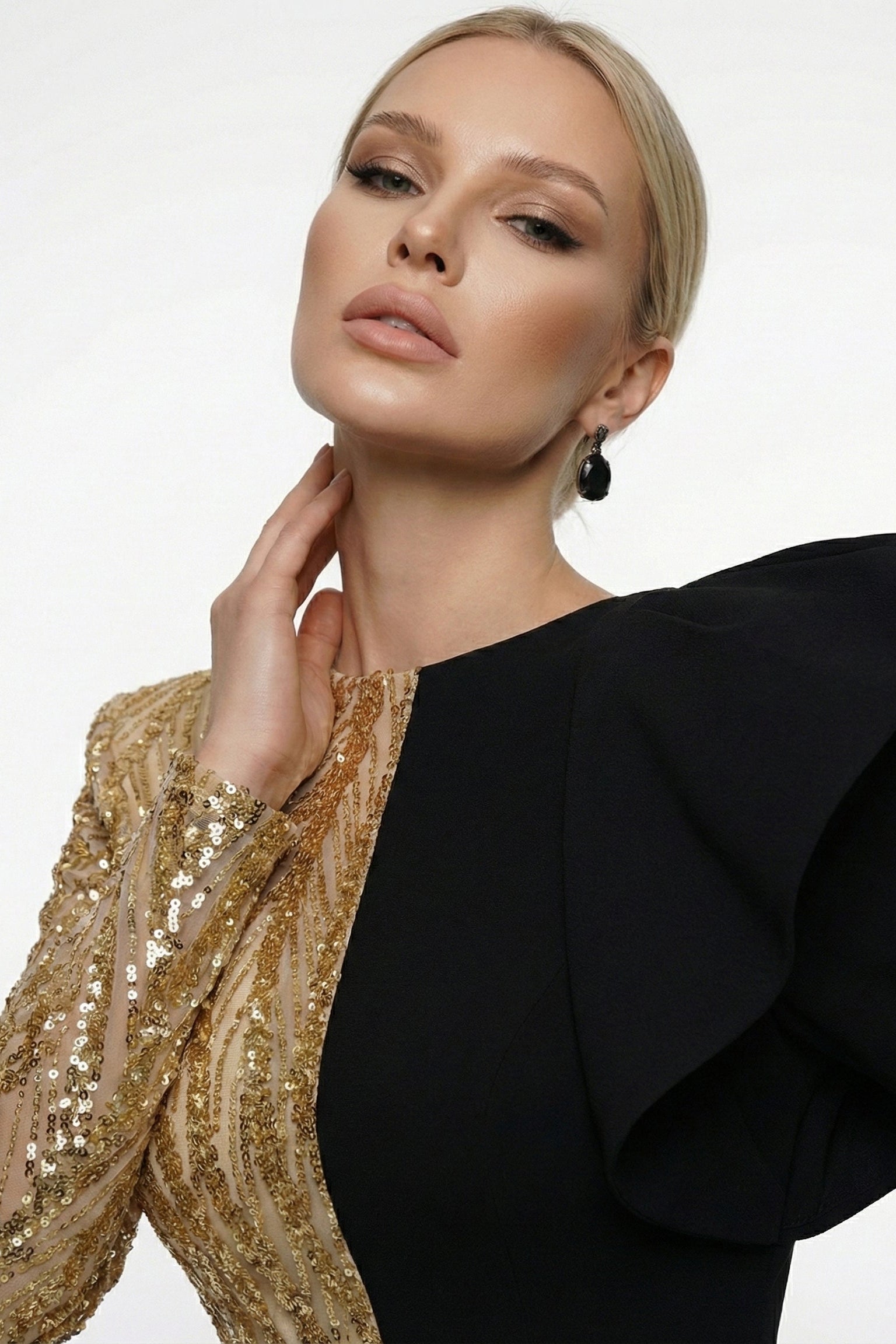 Fouad Sarkis F03016 Gold Black Asymmetric Gown