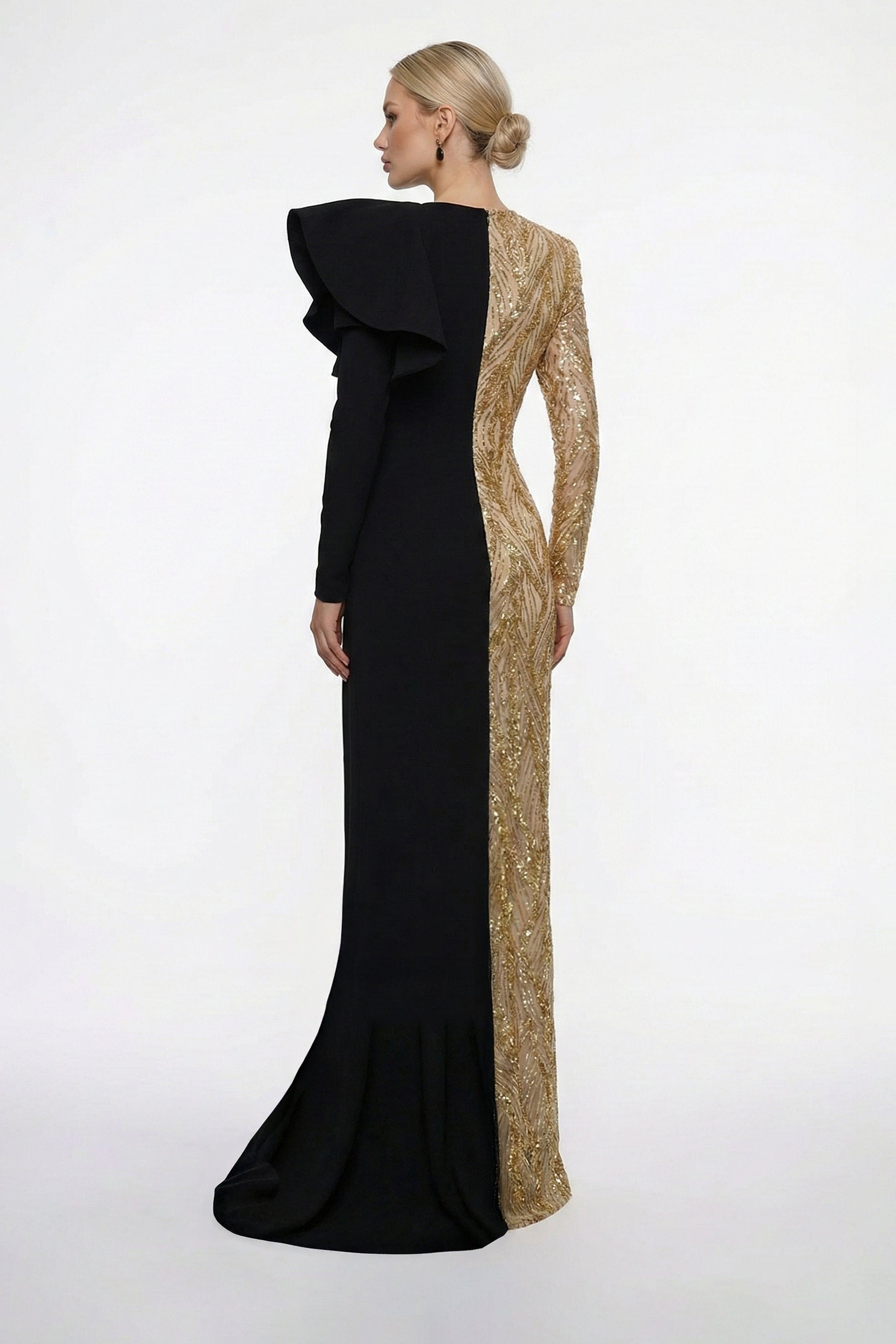 Fouad Sarkis F03016 Gold Black Asymmetric Gown
