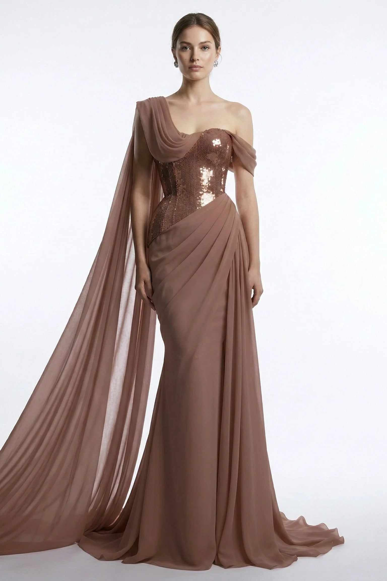 Fouad Sarkis F03017 Burgundy Sequin One-Shoulder Cape Gown