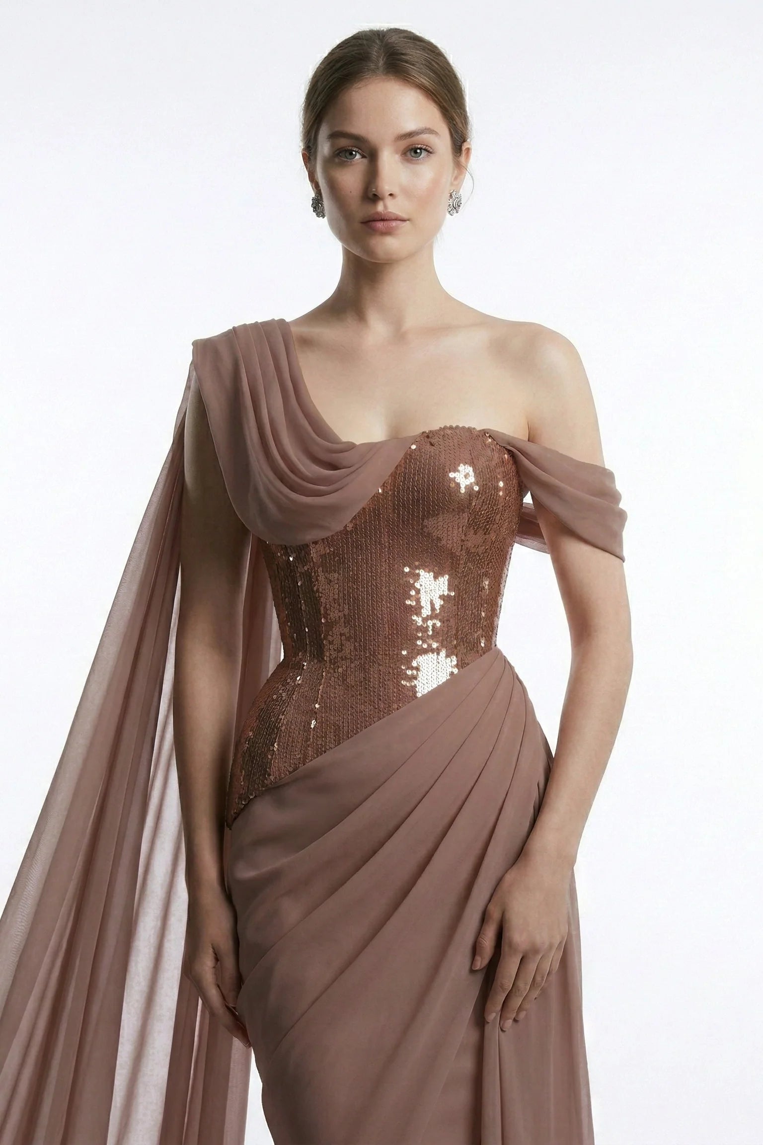 Fouad Sarkis F03017 Burgundy Sequin One-Shoulder Cape Gown