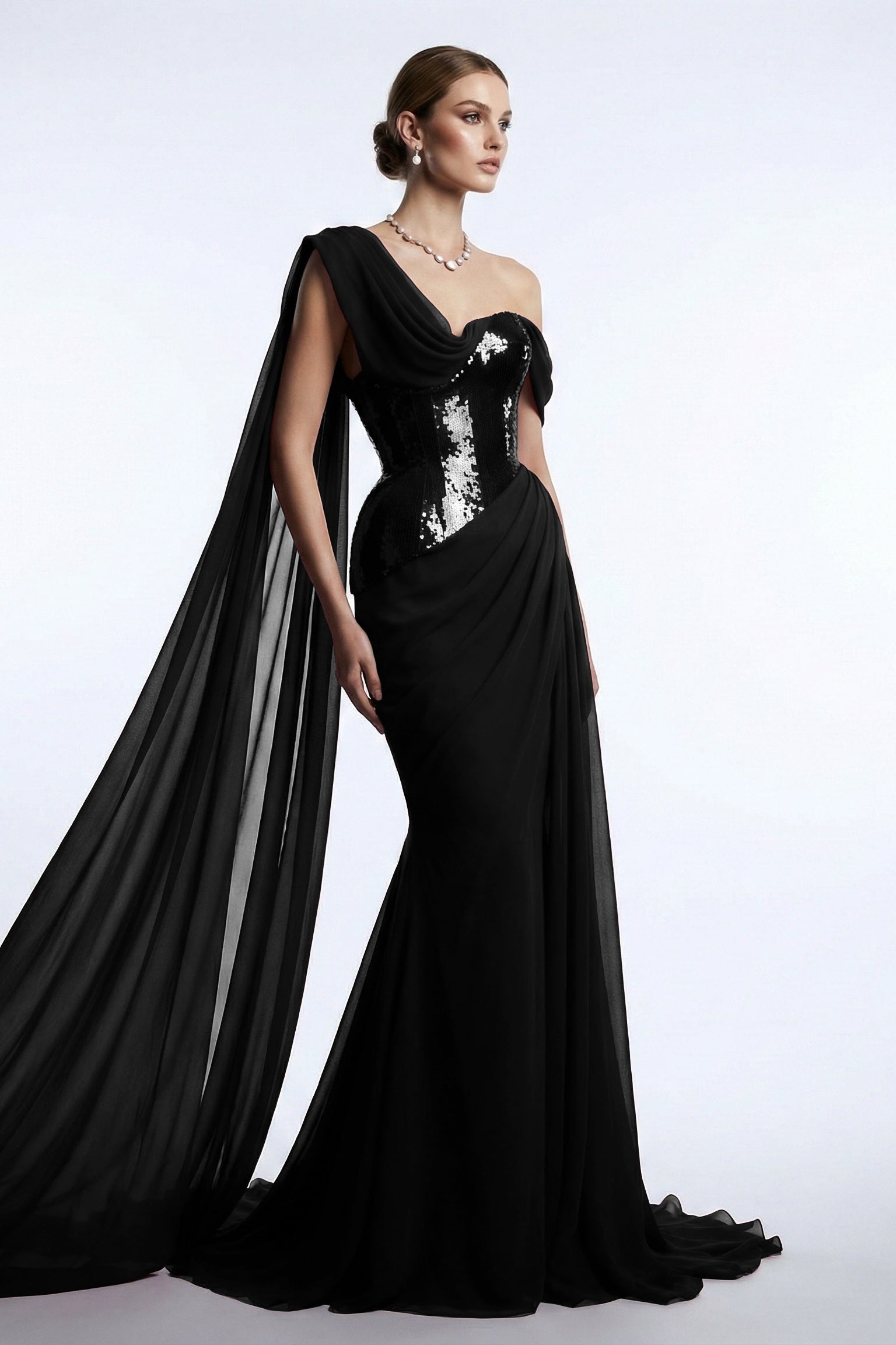 Fouad Sarkis F03017 Burgundy Sequin One-Shoulder Cape Gown