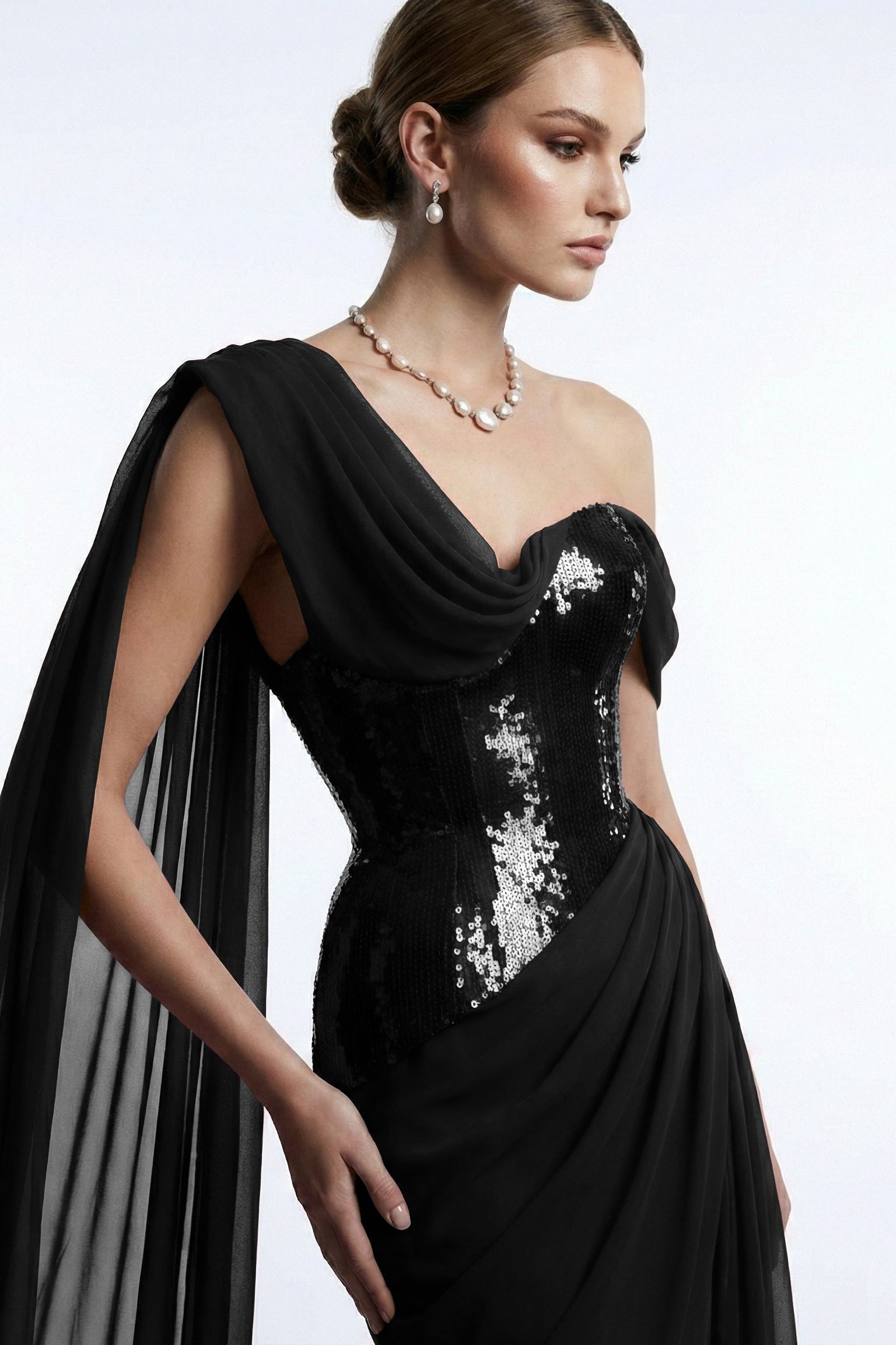 Fouad Sarkis F03017 Burgundy Sequin One-Shoulder Cape Gown
