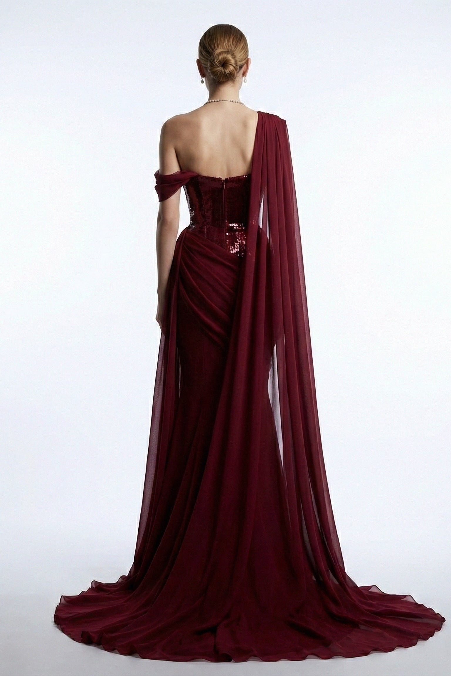 Fouad Sarkis F03017 Burgundy Sequin One-Shoulder Cape Gown