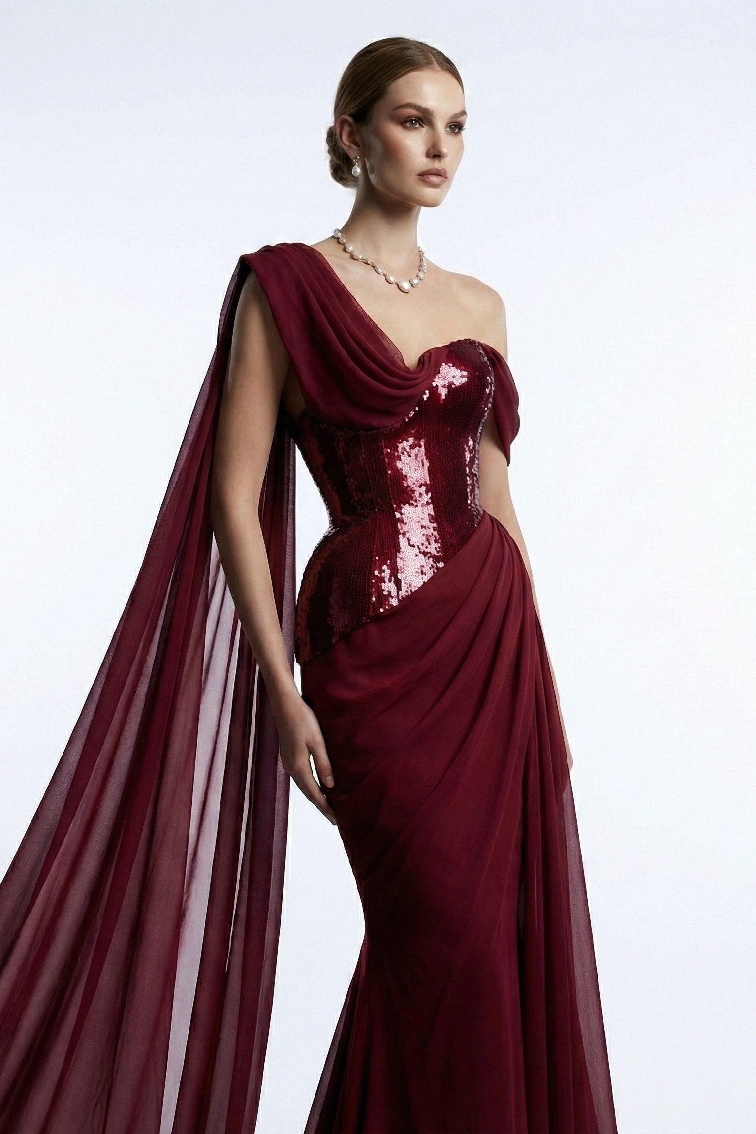 Fouad Sarkis F03017 Burgundy Sequin One-Shoulder Cape Gown