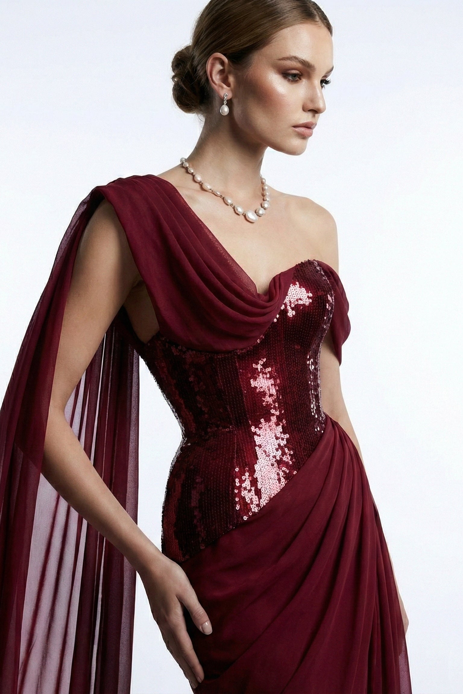 Fouad Sarkis F03017 Burgundy Sequin One-Shoulder Cape Gown