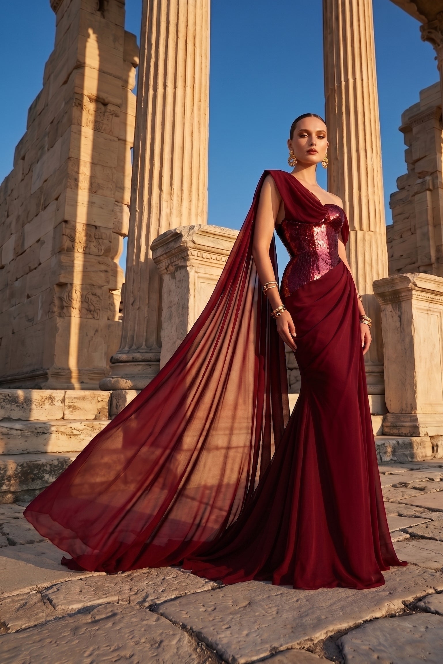 Fouad Sarkis F03017 Burgundy Sequin One-Shoulder Cape Gown