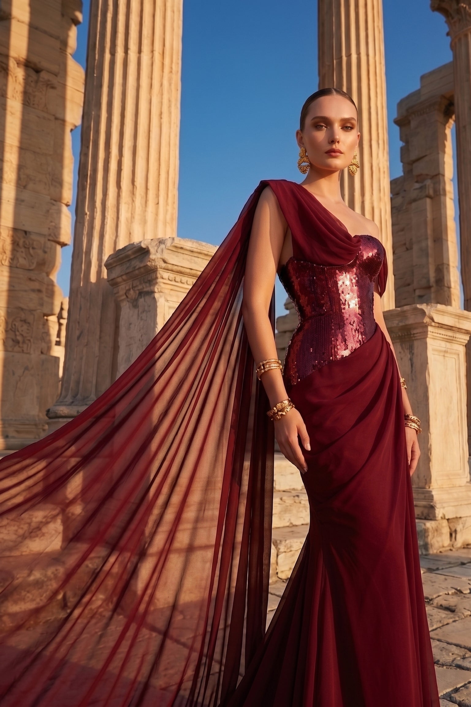 Fouad Sarkis F03017 Burgundy Sequin One-Shoulder Cape Gown