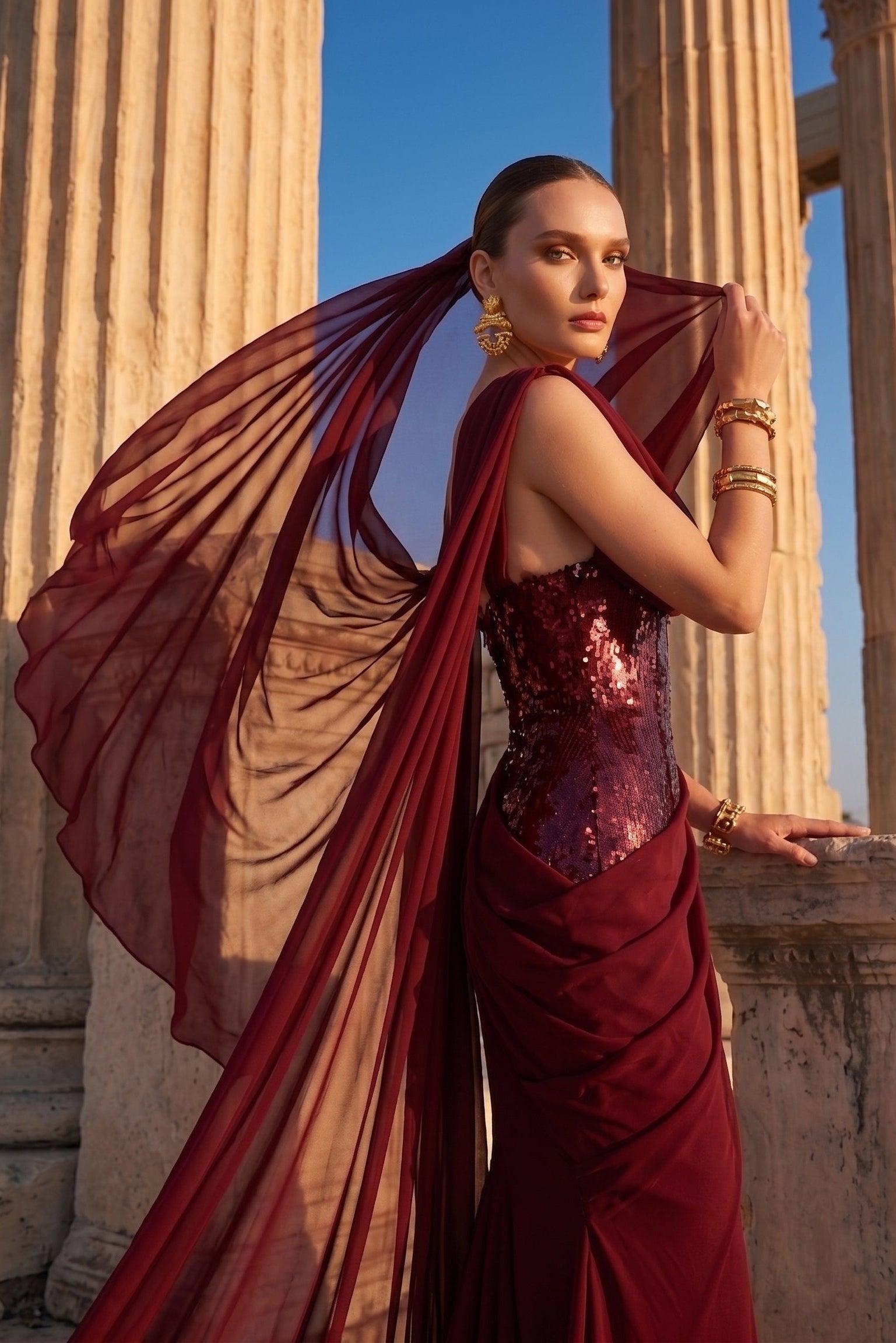 Fouad Sarkis F03017 Burgundy Sequin One-Shoulder Cape Gown
