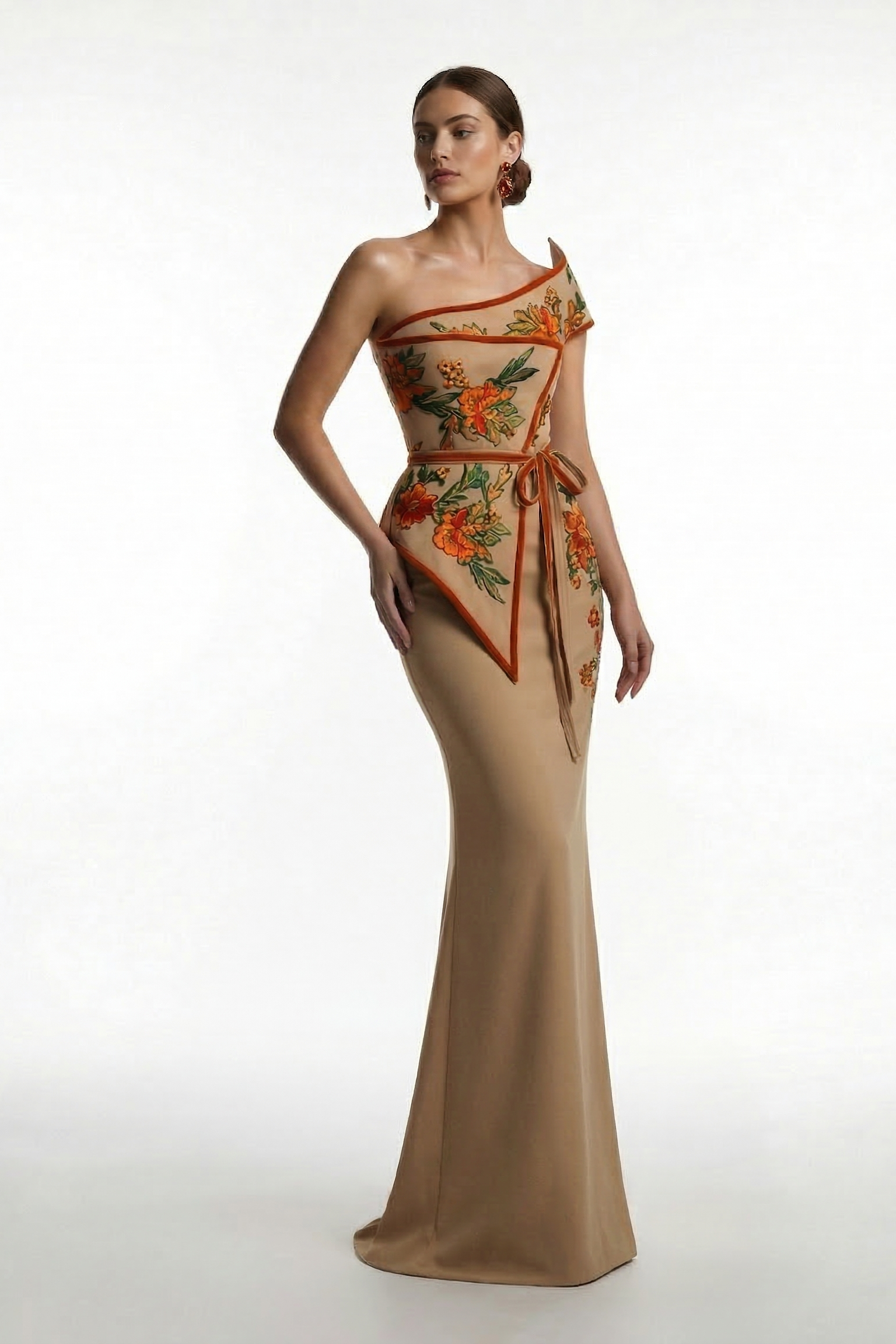 Fouad Sarkis F03023 One-Shoulder Floral Overskirt Gown