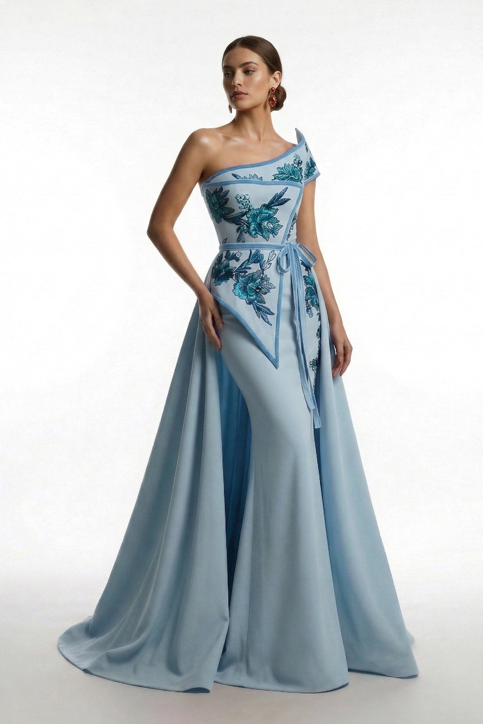Fouad Sarkis F03023 One-Shoulder Floral Overskirt Gown