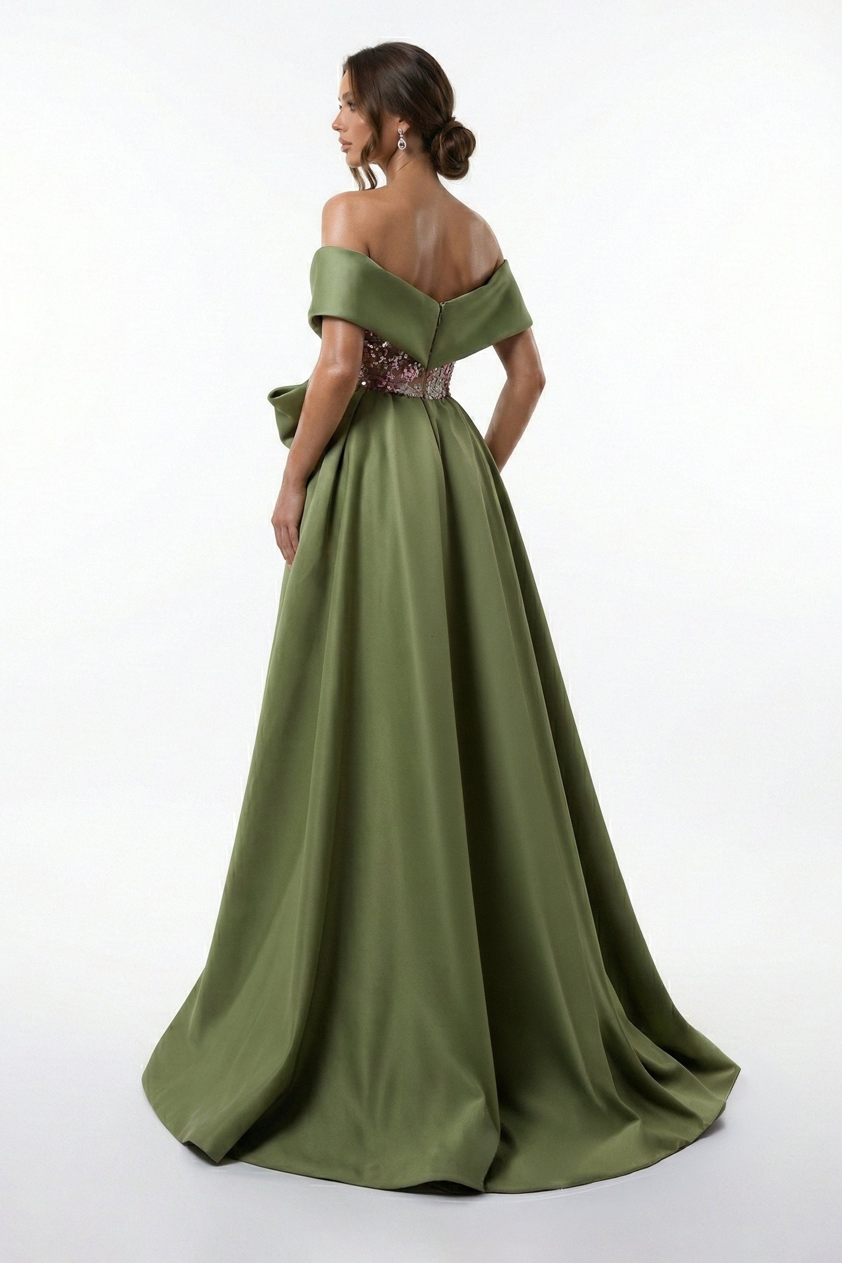 Fouad Sarkis F03024 Olive Off-Shoulder Hand-Embroidered Gown with Dramatic Overskirt