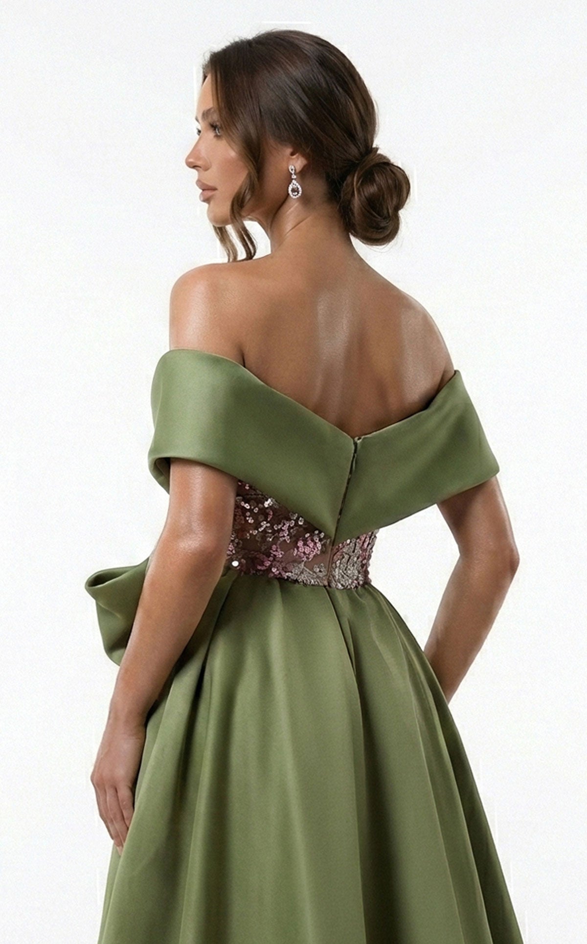 Fouad Sarkis F03024 Olive Off-Shoulder Hand-Embroidered Gown with Dramatic Overskirt