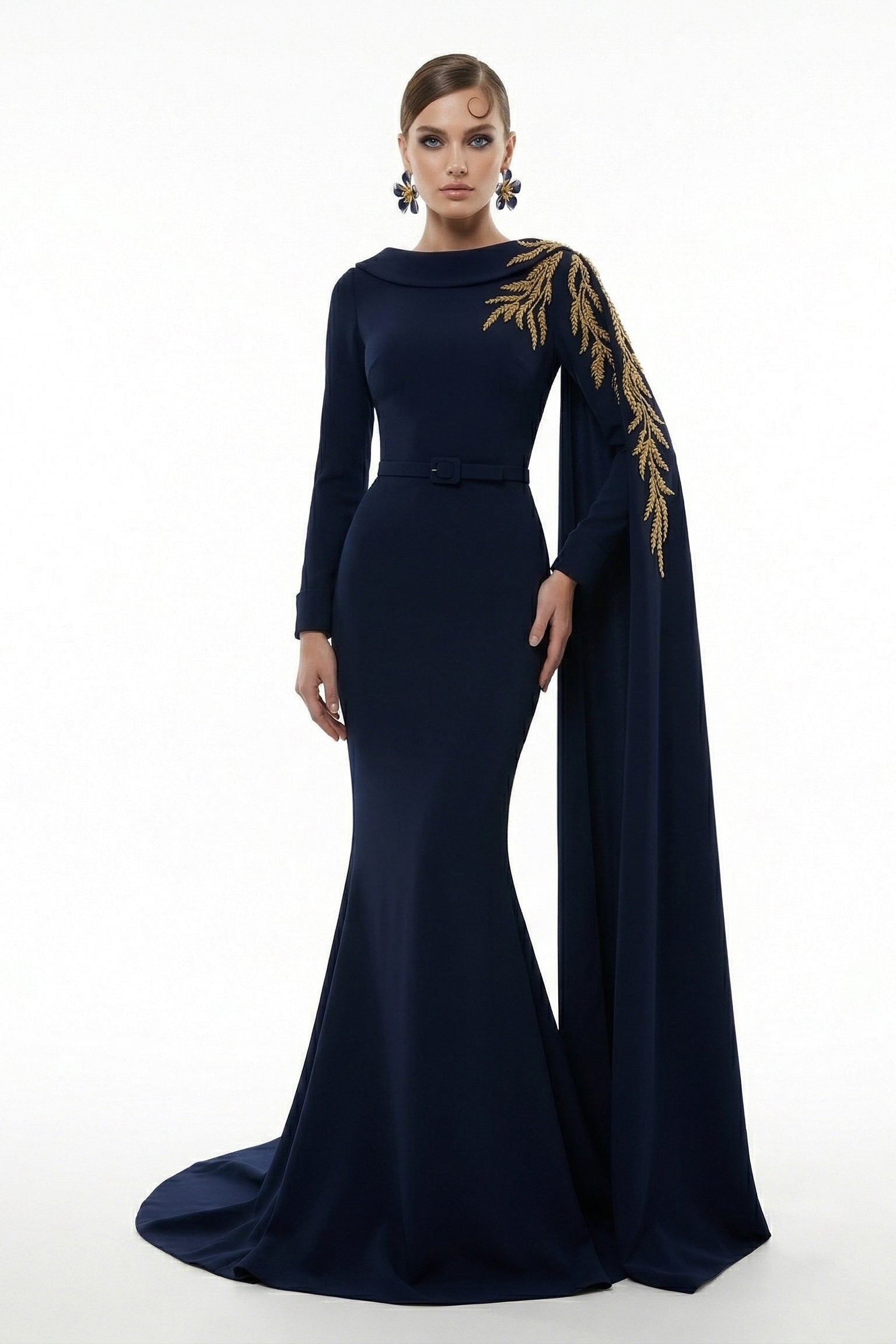 Fouad Sarkis F03027 Green Mermaid Gown with Cape