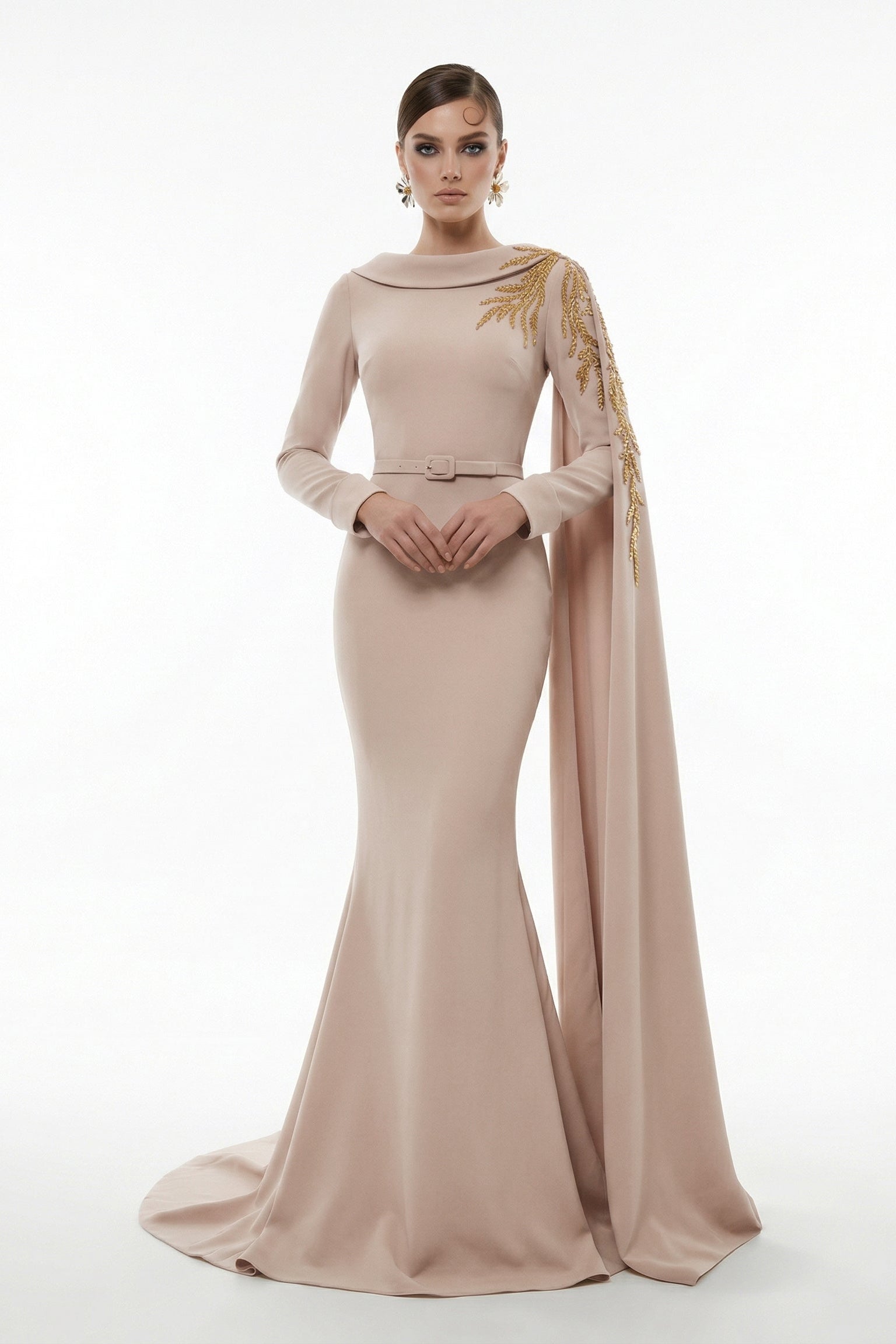 Fouad Sarkis F03027A Green Mermaid Gown Embroidered Cape
